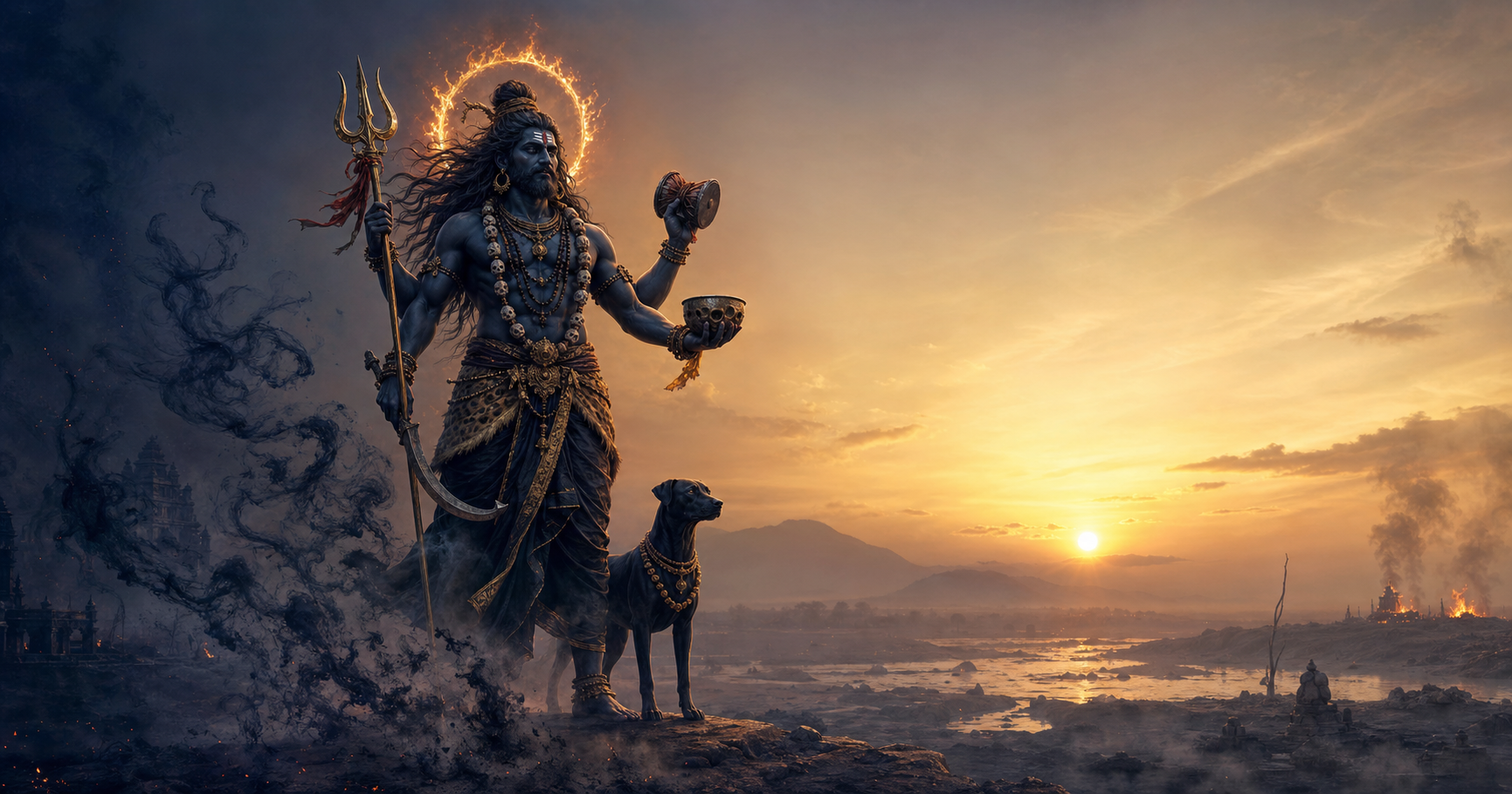 A fierce, composed Bhairava figure holds symbolic implements at dawn while a black dog stands beside him and smoky loops dissolve near his feet.