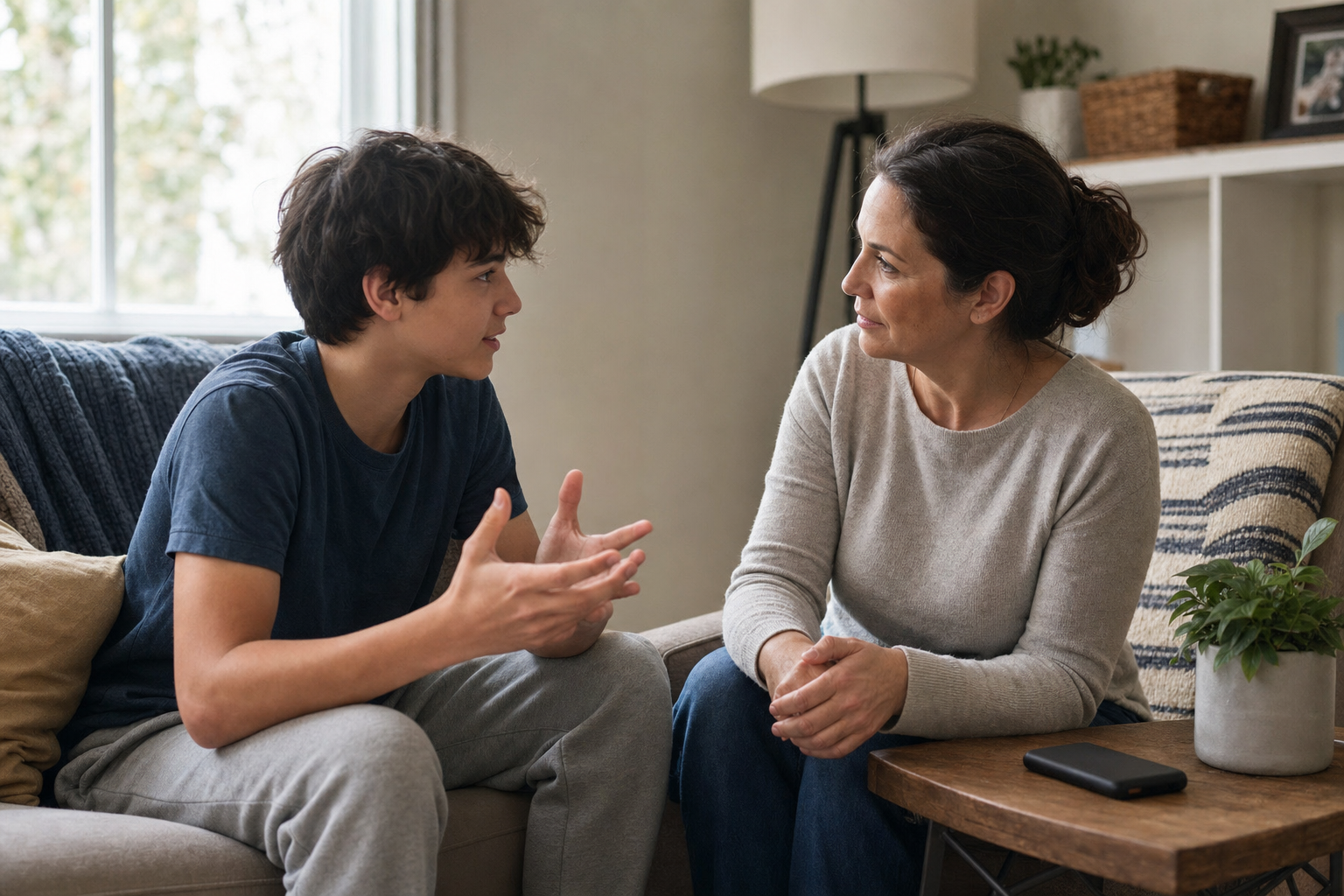 A caregiver sets a phone aside, turns toward a teenager, and listens with direct eye contact.