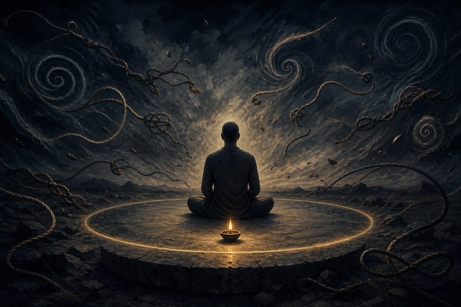 A seated figure and a steady oil flame remain centered as tangled cords and swirling forms loosen in the surrounding darkness.