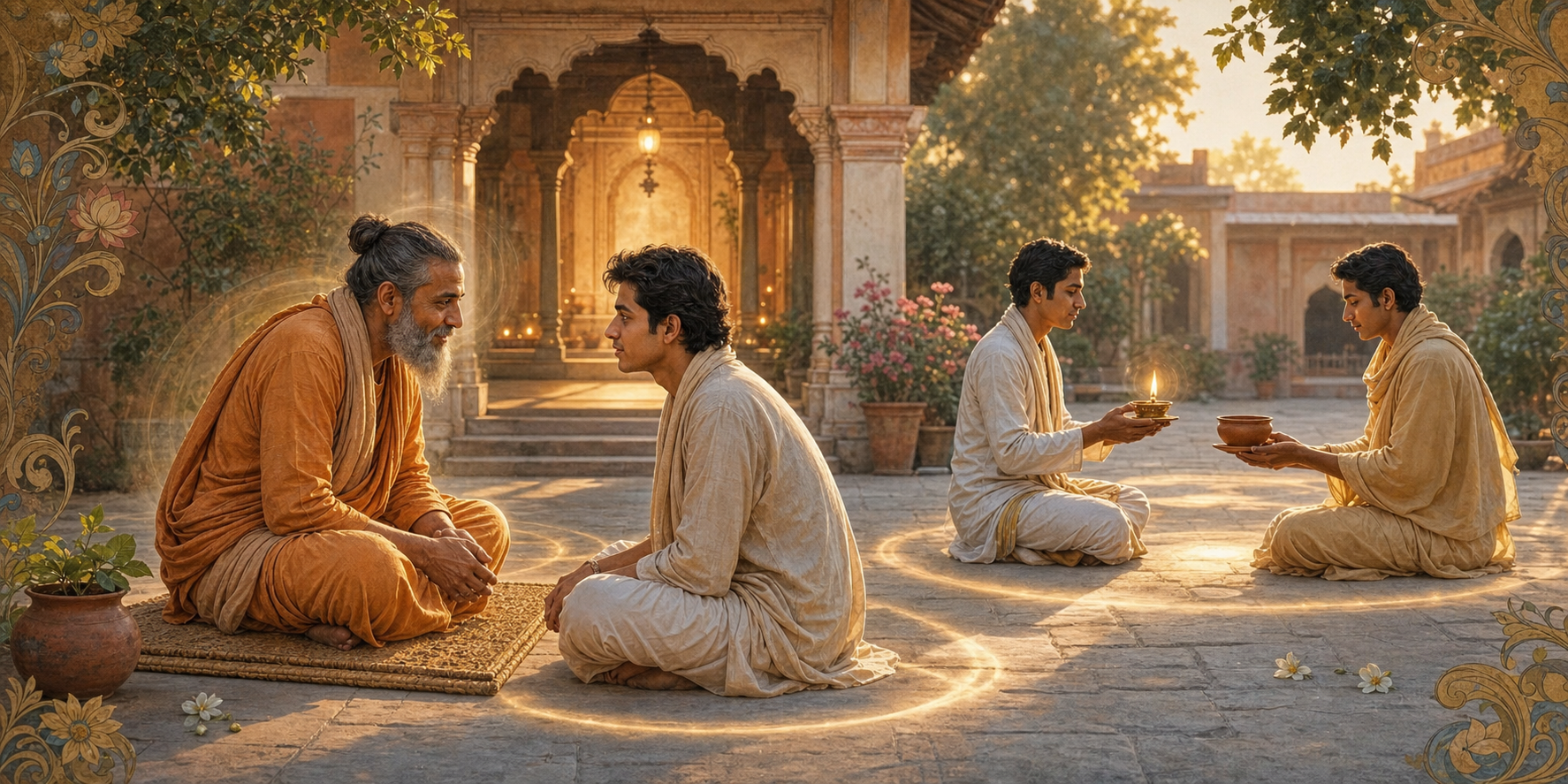 A spiritual teacher listens to a younger devotee in a Bengali temple courtyard while two devotees exchange an oil lamp and a clay bowl.