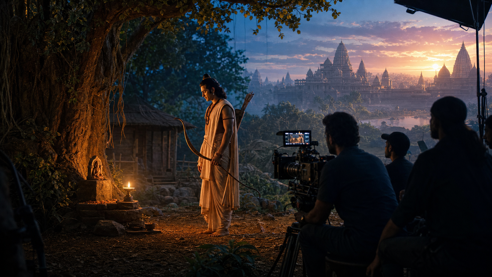 An actor portraying Sri Rama stands with a lowered bow before an oil lamp on a forest film set while a camera crew waits in the shadows.