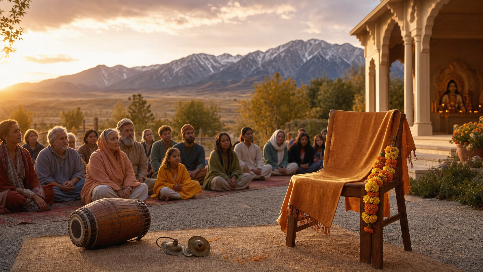 An empty chair with a saffron shawl and marigold garland faces a gathered devotional community near a temple pavilion and Utah mountains at sunset.