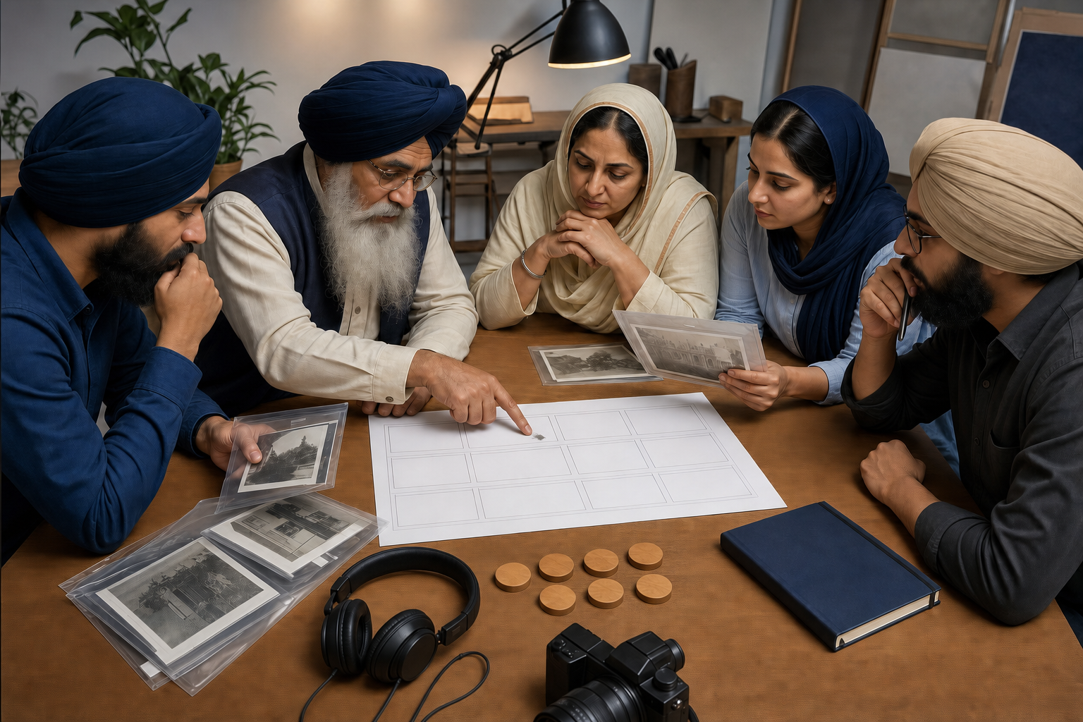 A historian, elder, teacher, writer, and filmmaker review storyboards and archival materials around a table with seven wooden tokens.