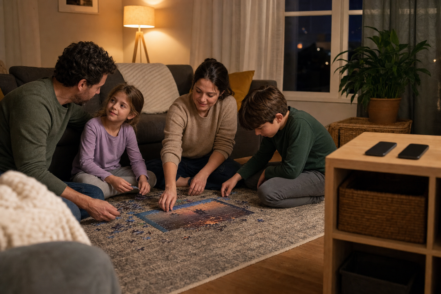 A family reconnects over a puzzle on the living room floor while their phones remain face down on a distant shelf.