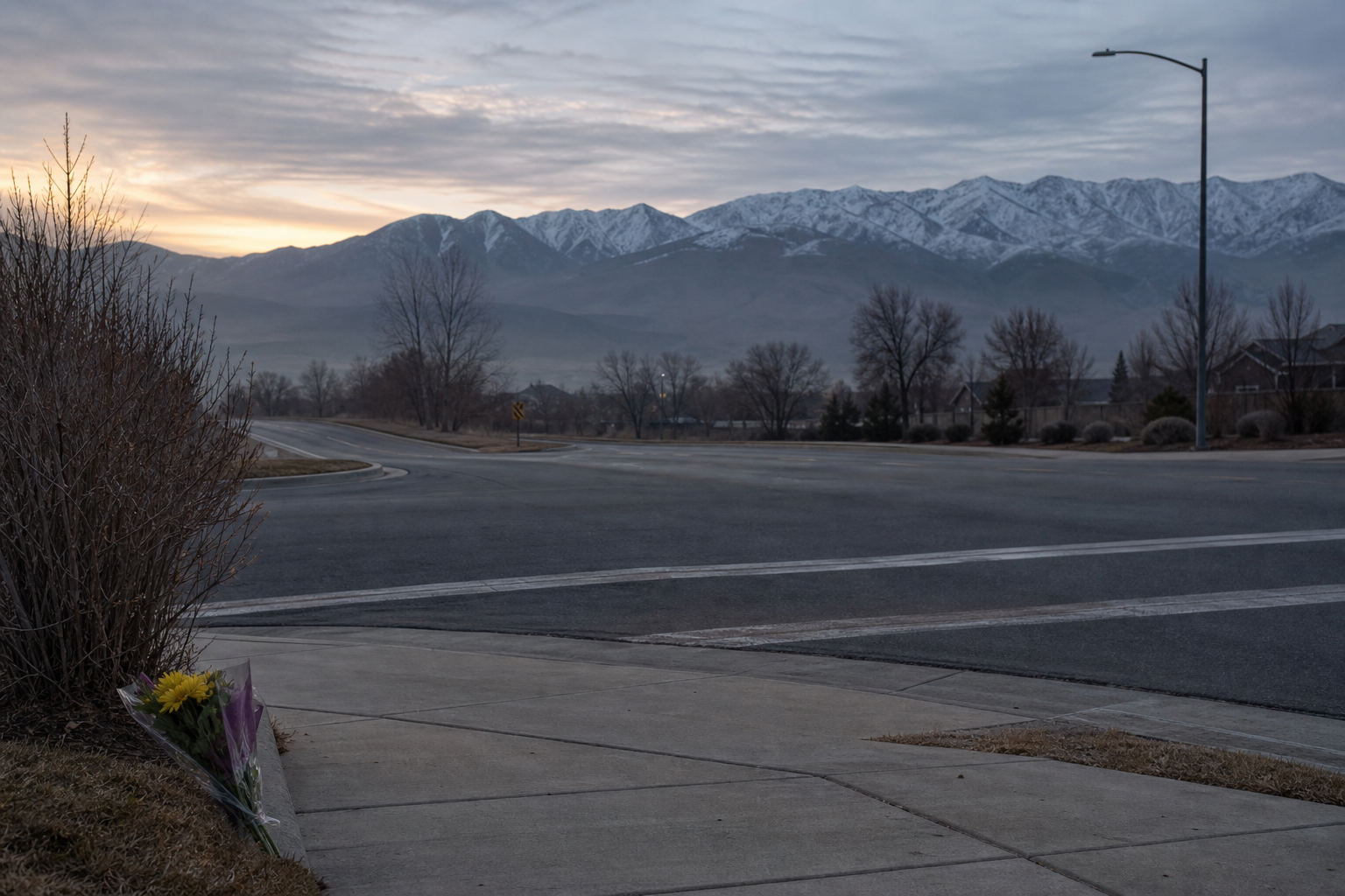A quiet Springville roadway and intersection at dawn with Utah foothills in the distance and a small cluster of flowers at the roadside.