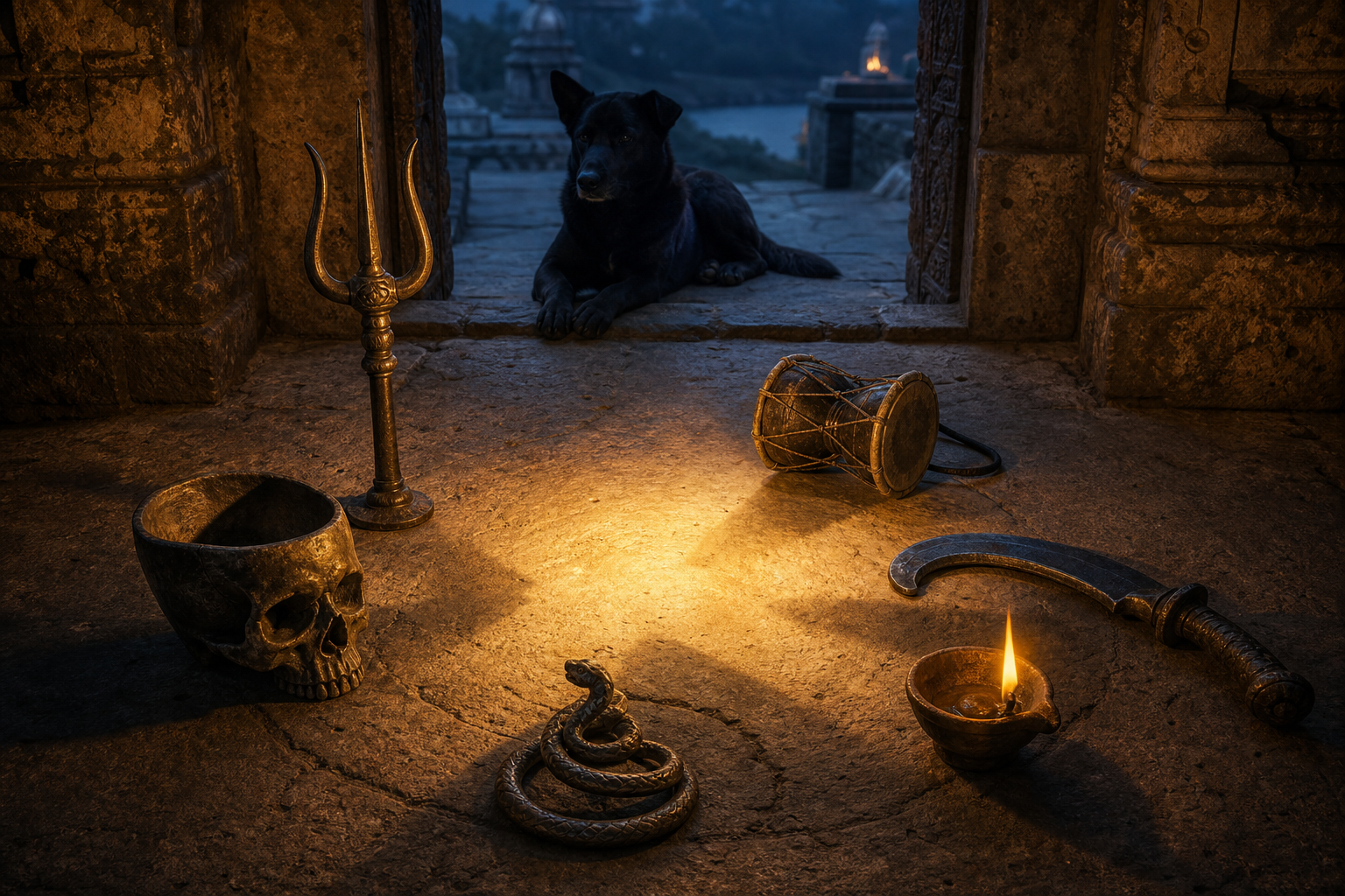 A skull-bowl, trident, drum, blade, serpent ornament, and lamp are arranged on stone while a black dog rests nearby.