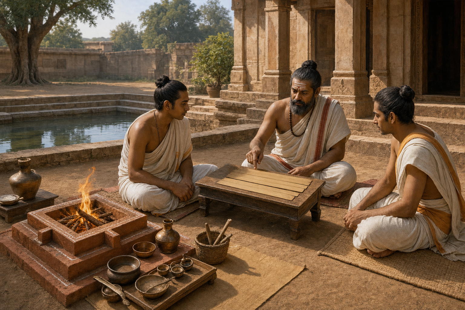 A teacher and two students study palm-leaf folios beside a prepared fire altar and ritual vessels in a sunlit courtyard.