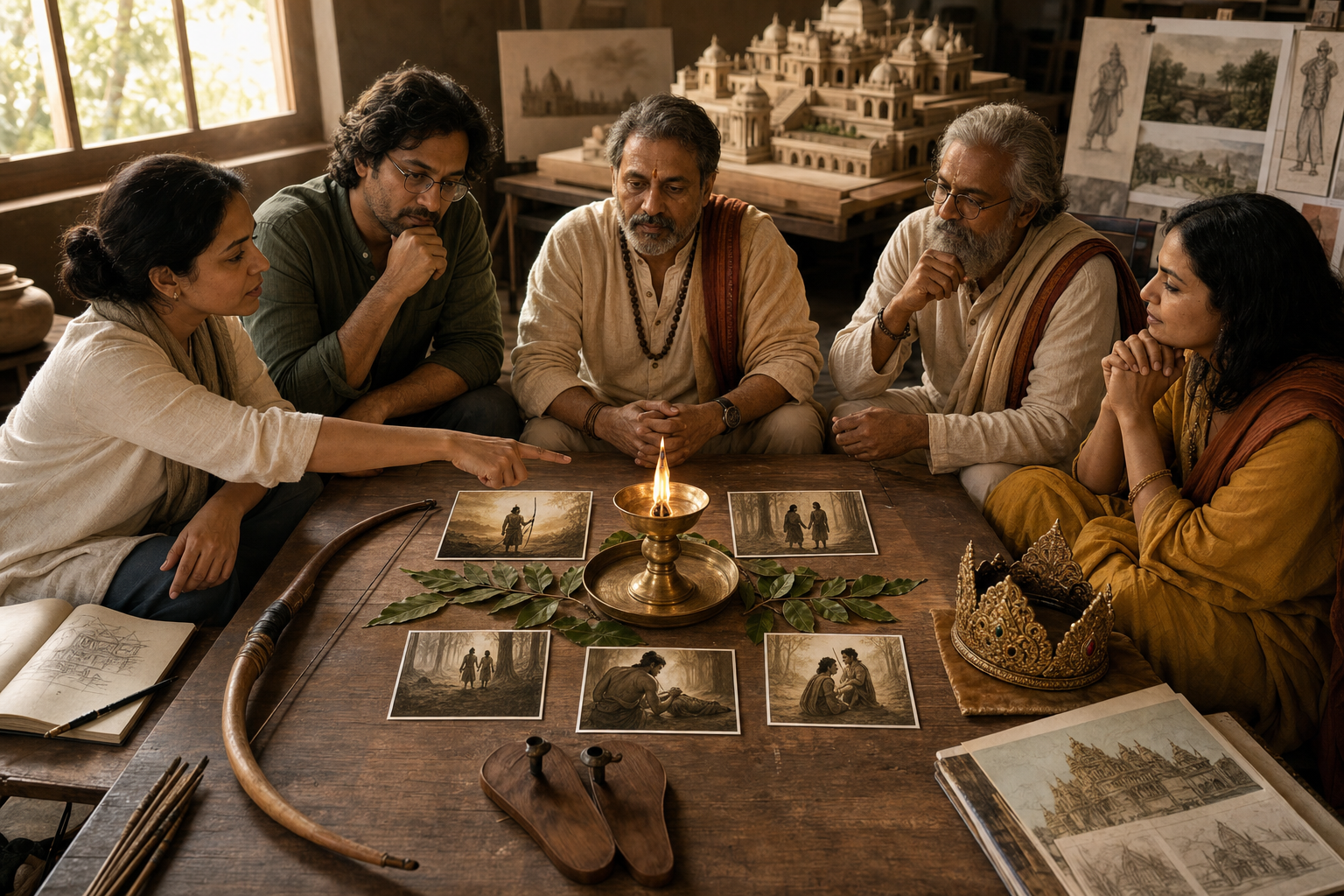 A film director, writer, designer, scholar, and devotional adviser discuss a Ramayana production around a table centered on an oil lamp and symbolic props.