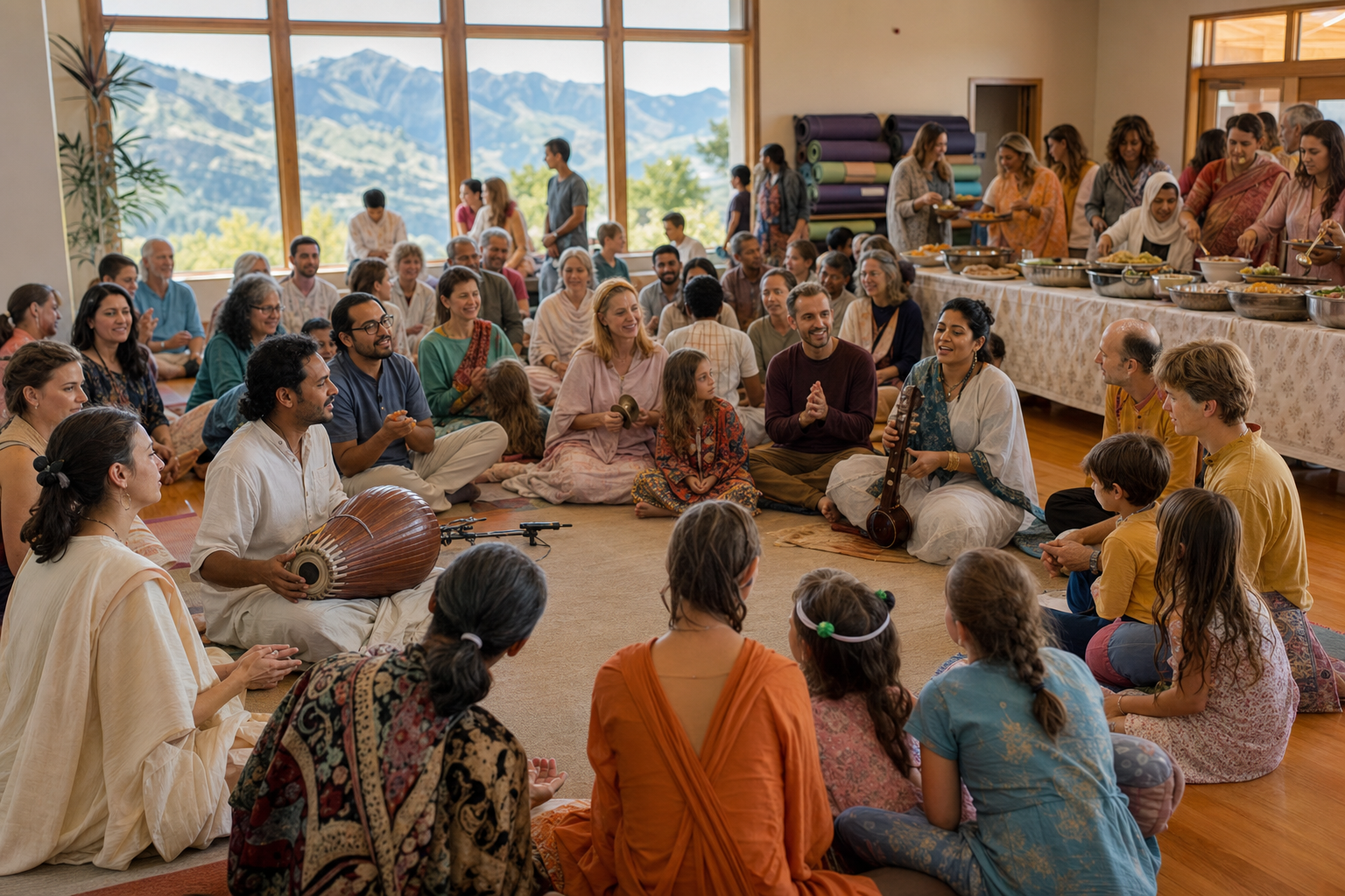People of different ages gather for kirtan in a bright community hall while volunteers serve vegetarian food nearby.