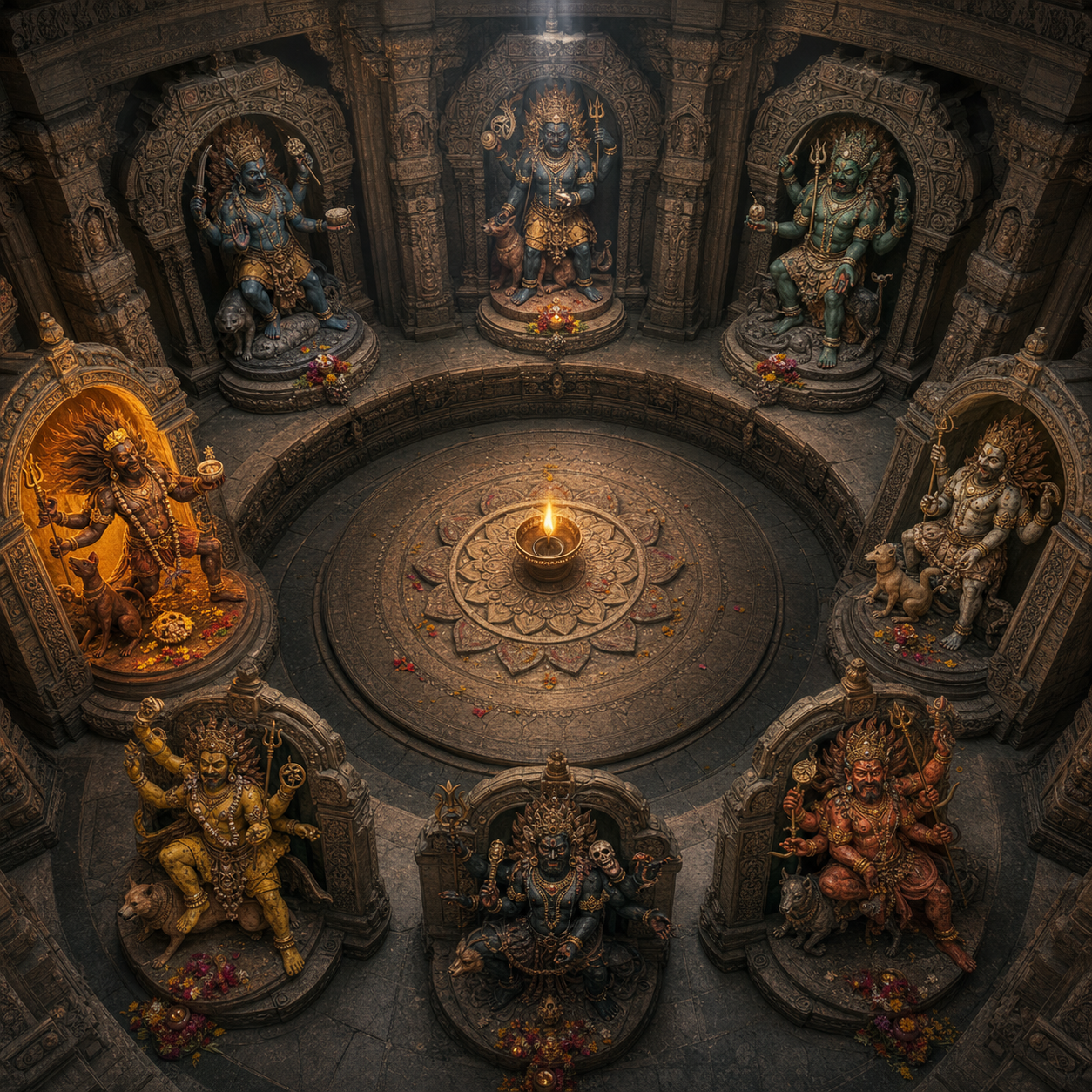 Eight varied Bhairava figures occupy separate niches around a circular sanctuary with a single lamp at the center.