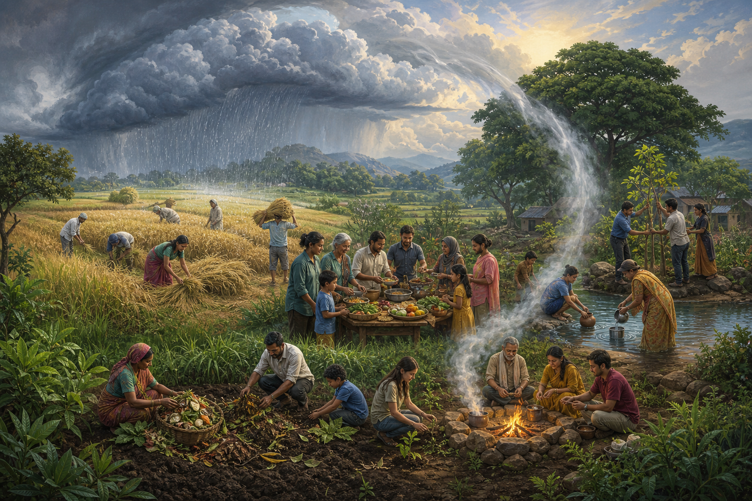 Rain, crops, community stewardship, rising moisture, and clouds form a circular scene of ecological reciprocity.