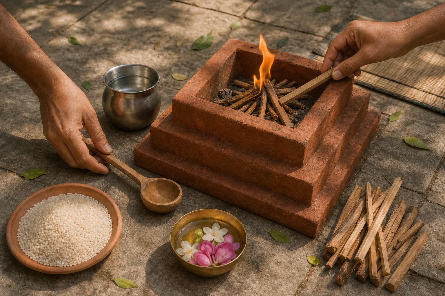 Hands arrange a wooden ladle, metal vessel, fuel sticks, grain, and flowers around a small fire altar in a stone courtyard.