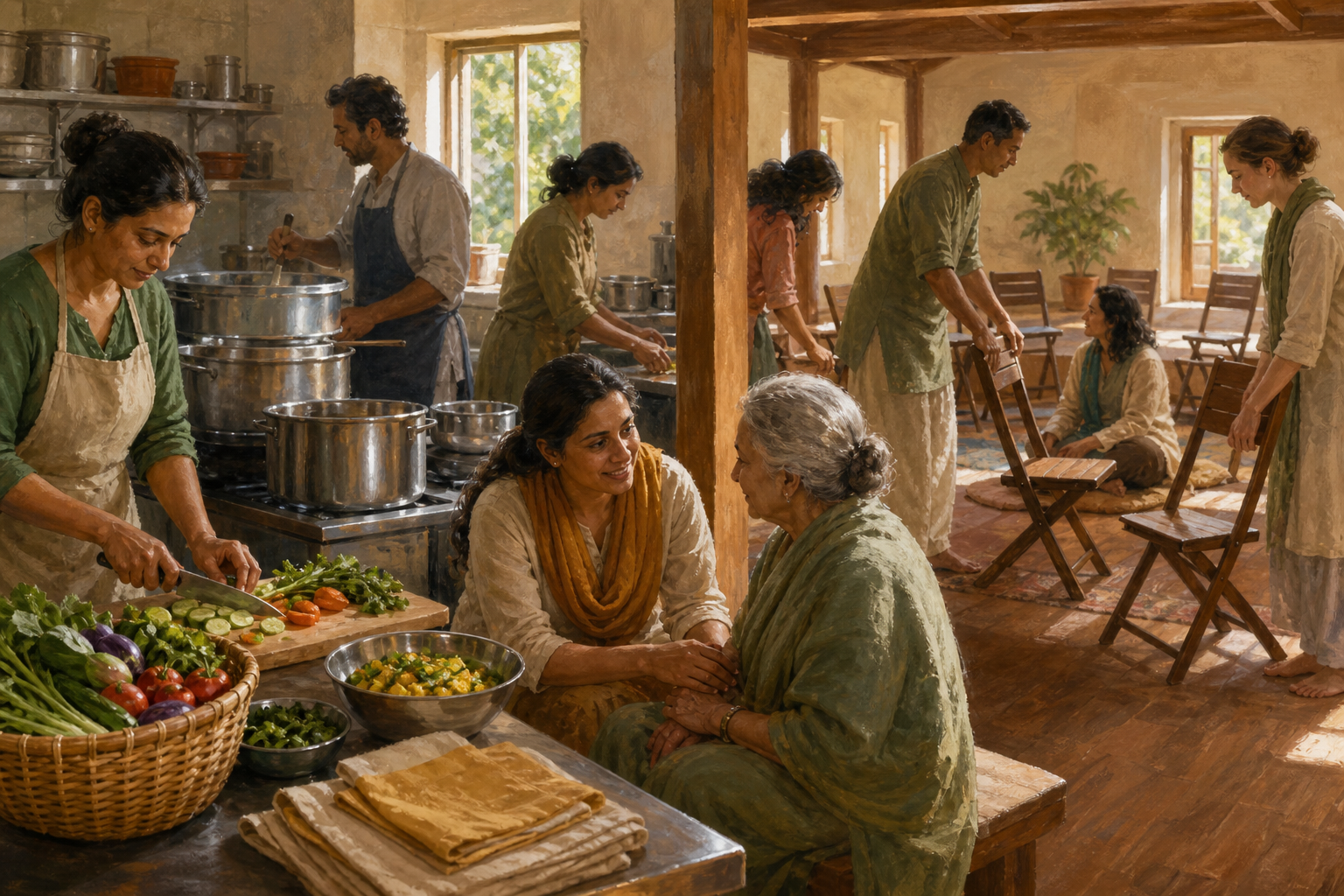 Volunteers prepare vegetarian meals, speak with an older community member and arrange chairs in a community hall.