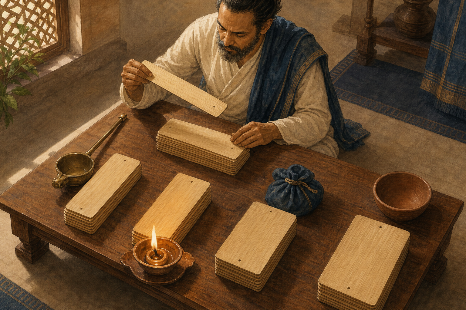 A seated scholar sorts blank palm-leaf folios into groups beside a ladle, an oil lamp, a tied bundle, and a clay bowl.
