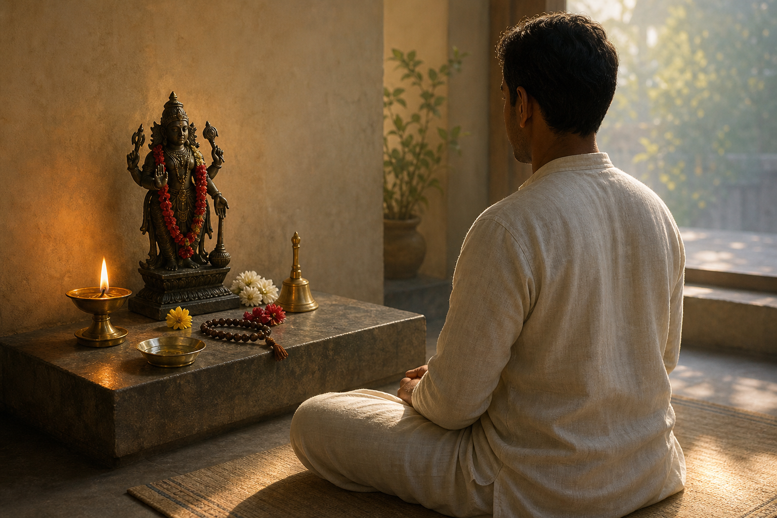 A seated practitioner faces a small Bhairava shrine arranged with an oil lamp, water, flowers, prayer beads, and a bell at dawn.