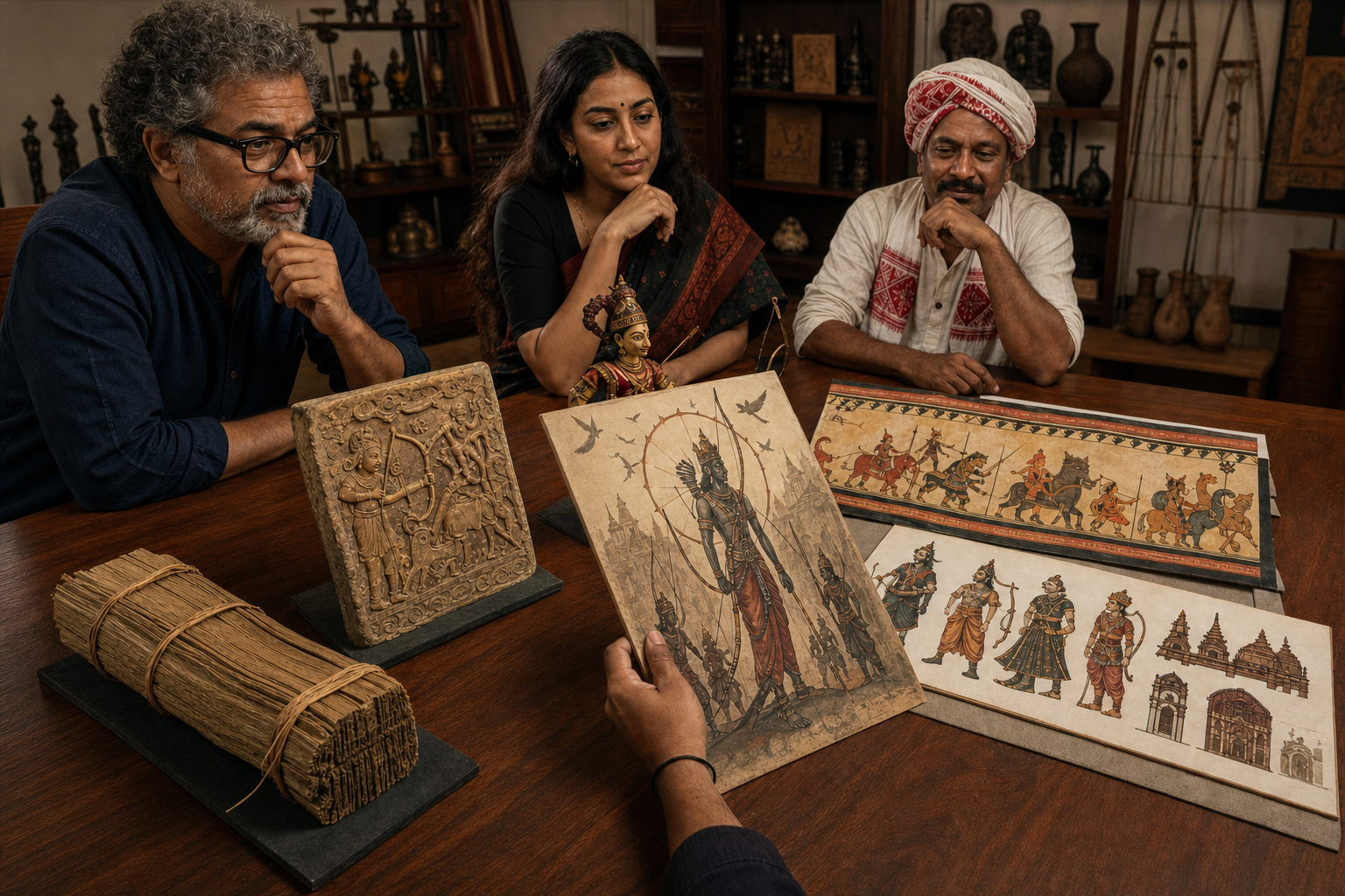 Filmmakers and tradition-bearers examine several regional Ramayana source materials while the director selects one coherent visual reference board.