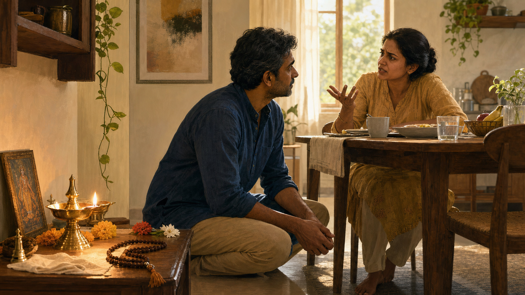 A person turns from a home prayer space with an oil lamp and prayer beads to listen patiently to an upset family member at the breakfast table.