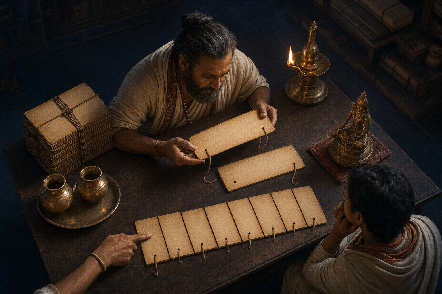 A scholar studies a blank palm-leaf folio at a desk surrounded by six arranged contextual and material cues while a student observes.
