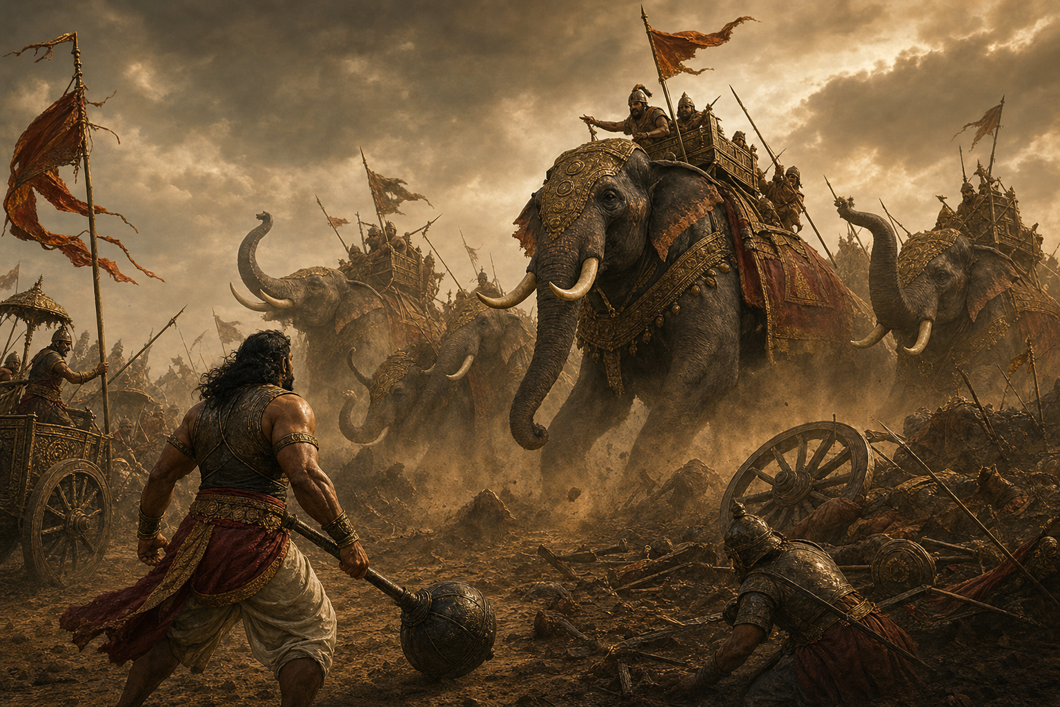 Bhima holds a mace as an armored elephant formation loses cohesion amid dust, infantry, and damaged chariots at Kurukshetra.