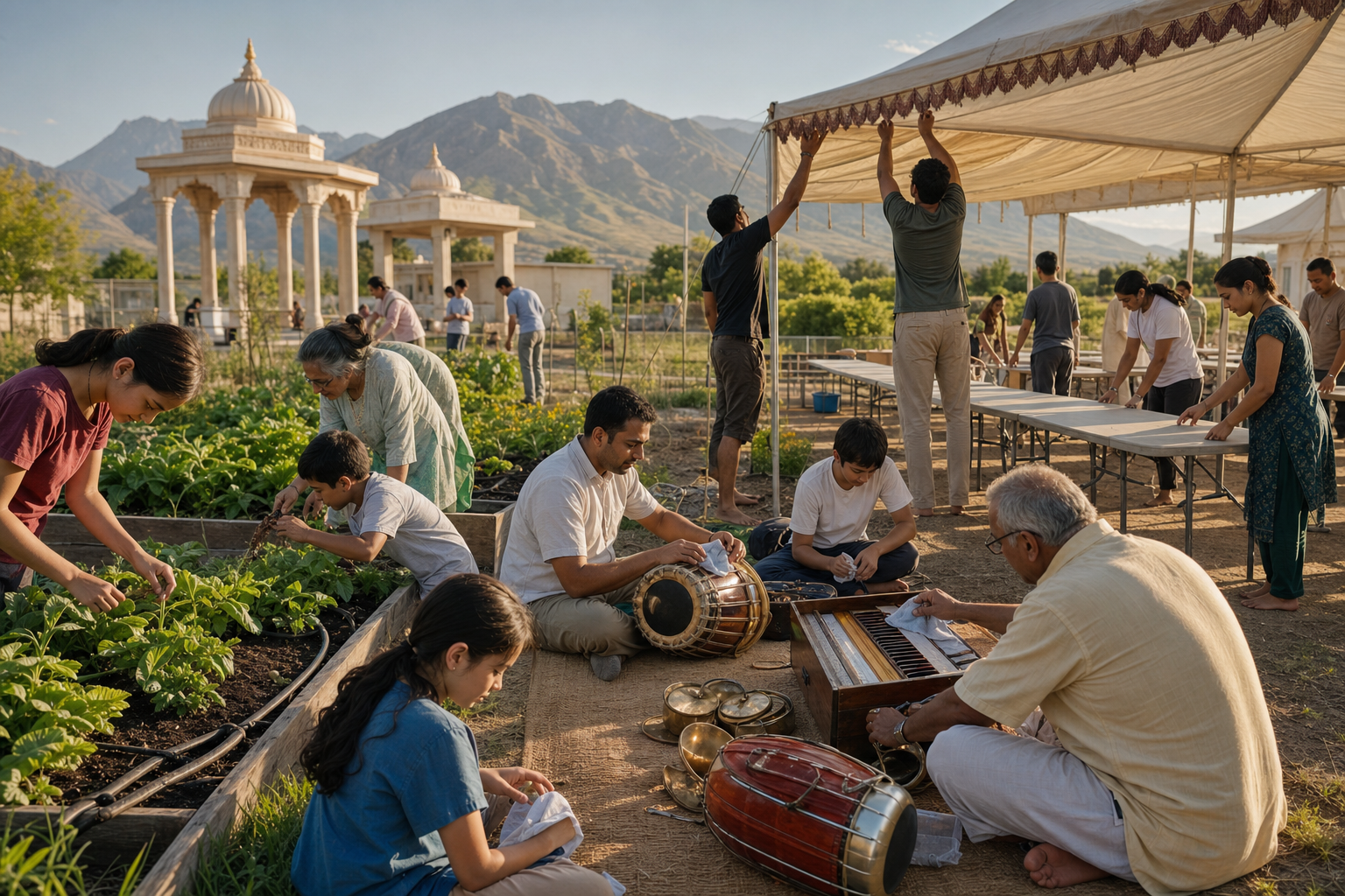 Community members garden, maintain festival equipment, care for instruments and prepare tables together near a Utah temple pavilion.