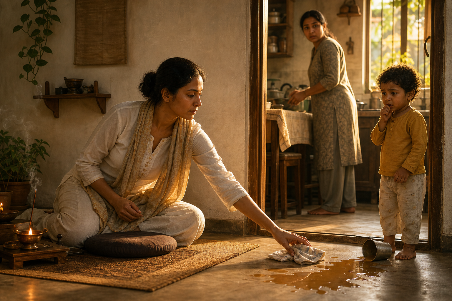 After meditating at home, a person calmly reaches for a cloth as a worried child stands beside a spilled cup.