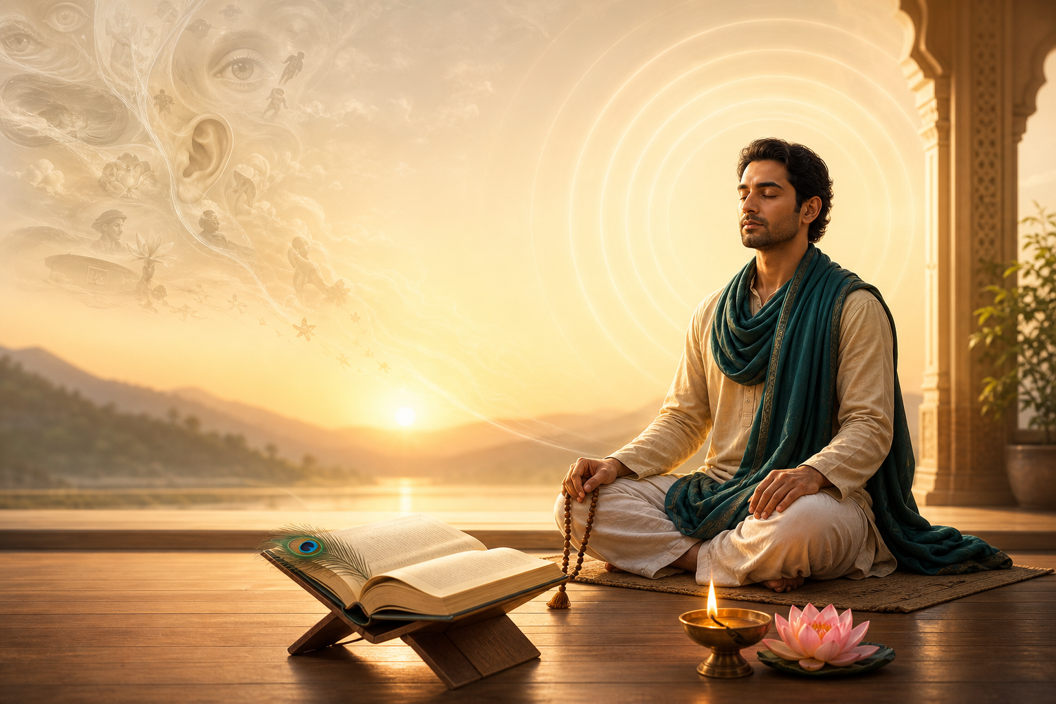 Meditating spiritual practitioner beside an open Bhagavad Gita at sunrise