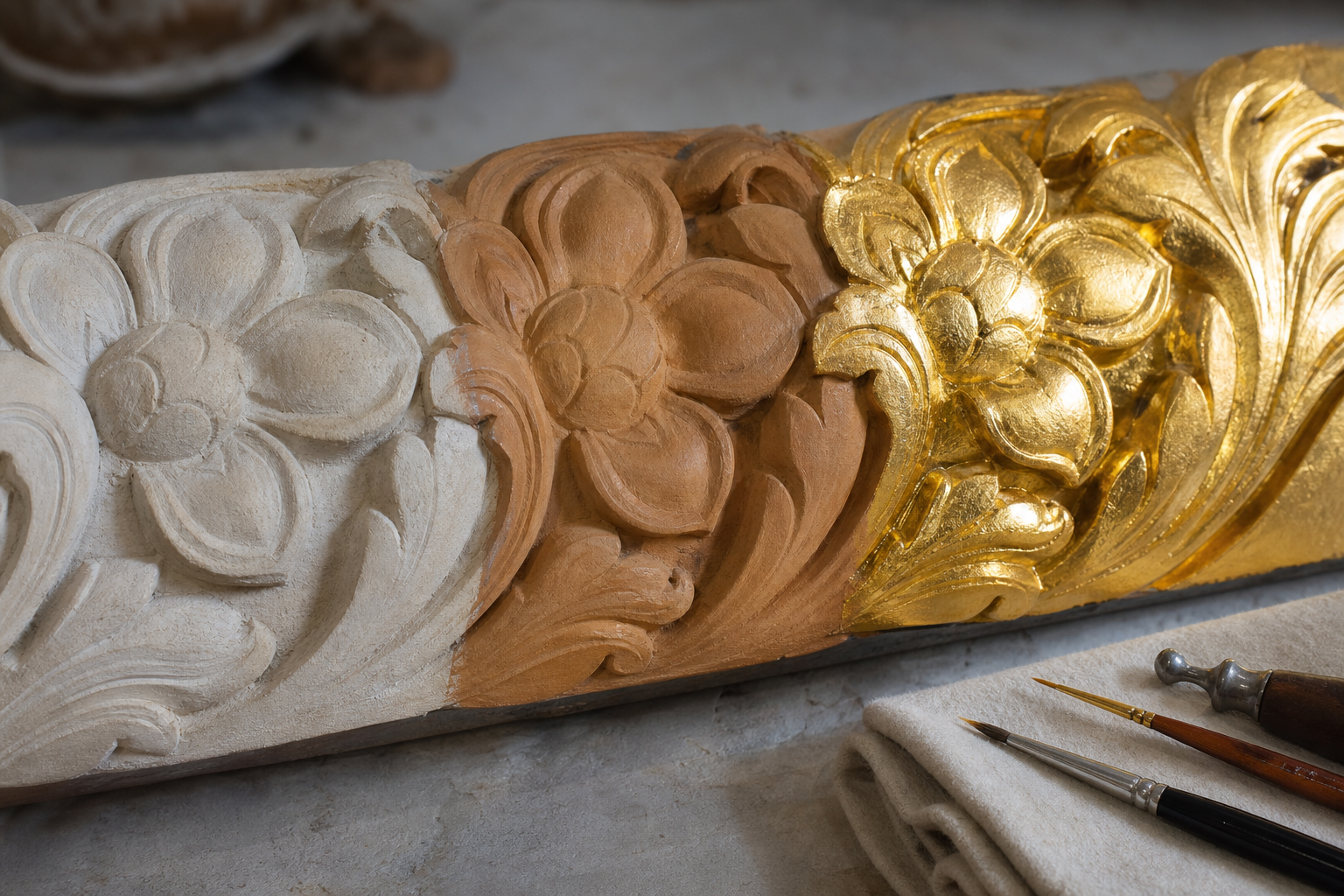 A sculpted floral relief displays pale prepared, warm underlayer and finished gold sections beside fine workshop tools.