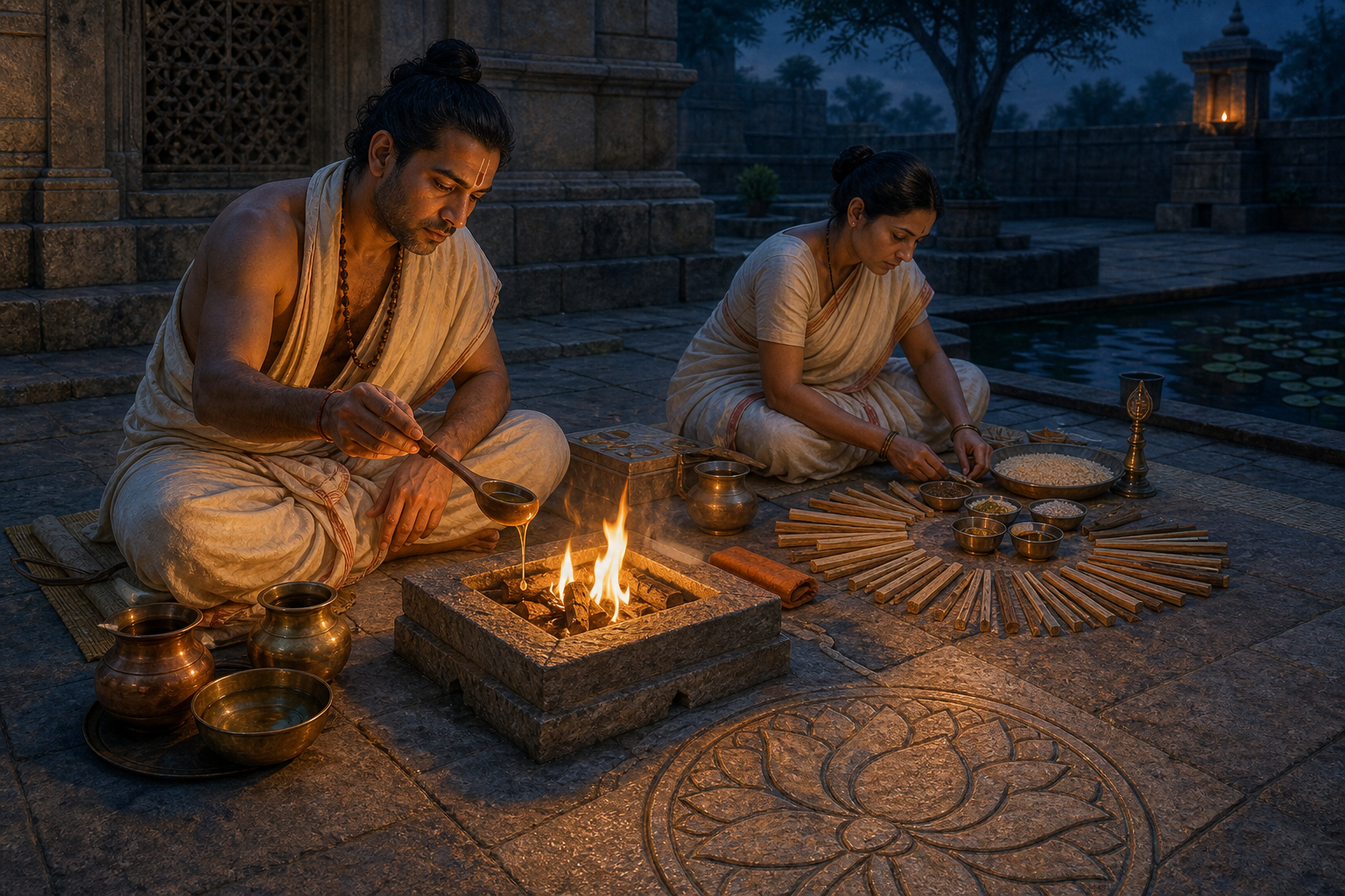 Two adults carry out an orderly fire offering beside water, grain, vessels, and aligned fuel sticks in a courtyard at dusk.