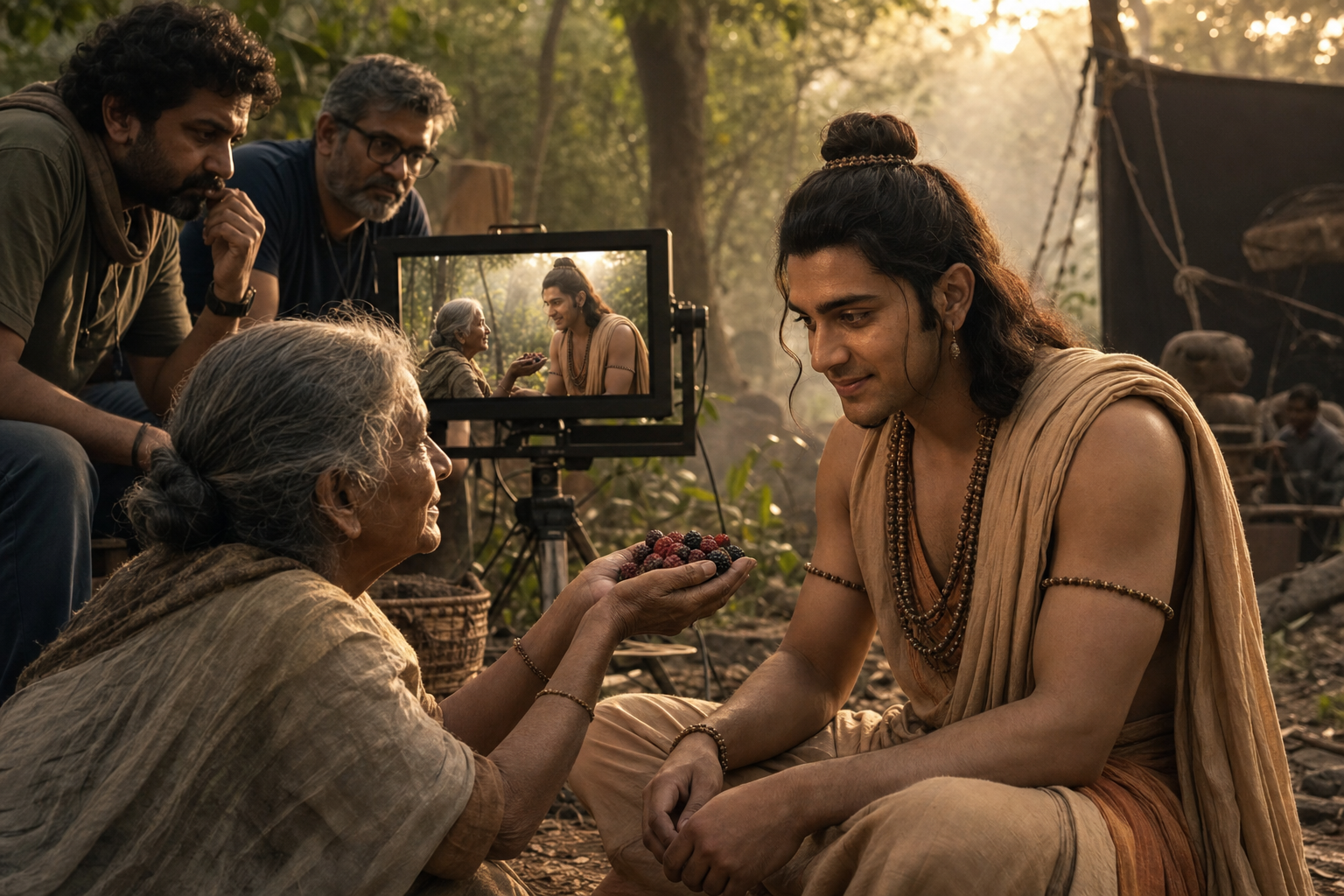 An actor portraying Sri Rama receives berries from an elderly woman devotee on a forest set as a director and visual-effects supervisor observe the tender scene.