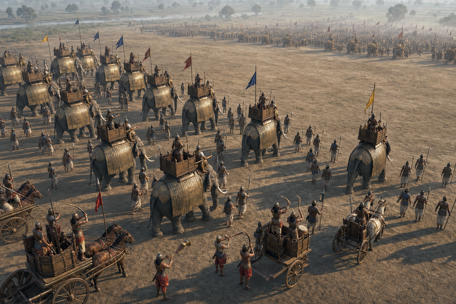 War elephants advance in organized ranks with mahouts, mounted archers, infantry, chariots, drummers, and signal bearers supporting the formation.