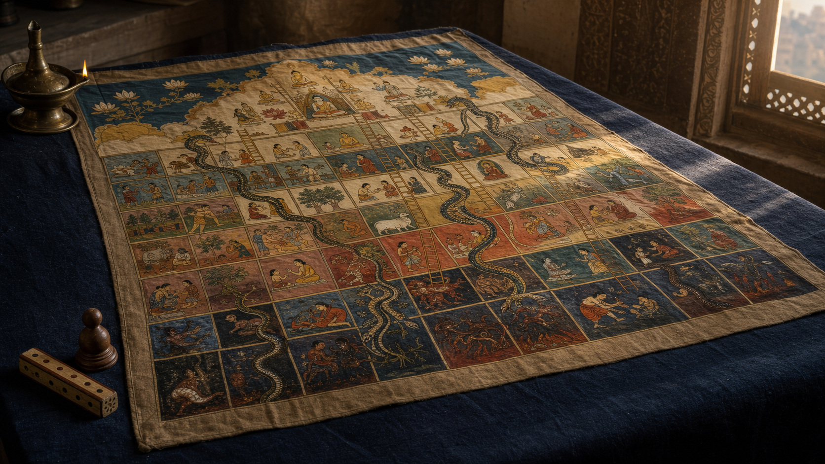 A hand-painted cloth Gyan Chaupar board with symbolic scenes, snakes, ladders, a wooden pawn and a traditional die illuminated by warm lamplight.