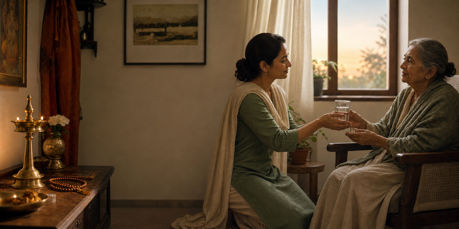 A person places prayer beads beside an oil lamp and offers a glass of water to an elderly relative seated nearby.