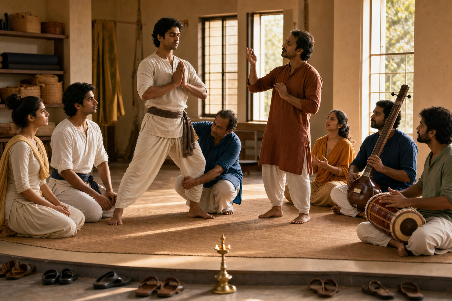 Ramayana actors rehearse a folded-hand greeting with guidance from a movement teacher, language coach, devotional singer, and acoustic musicians.