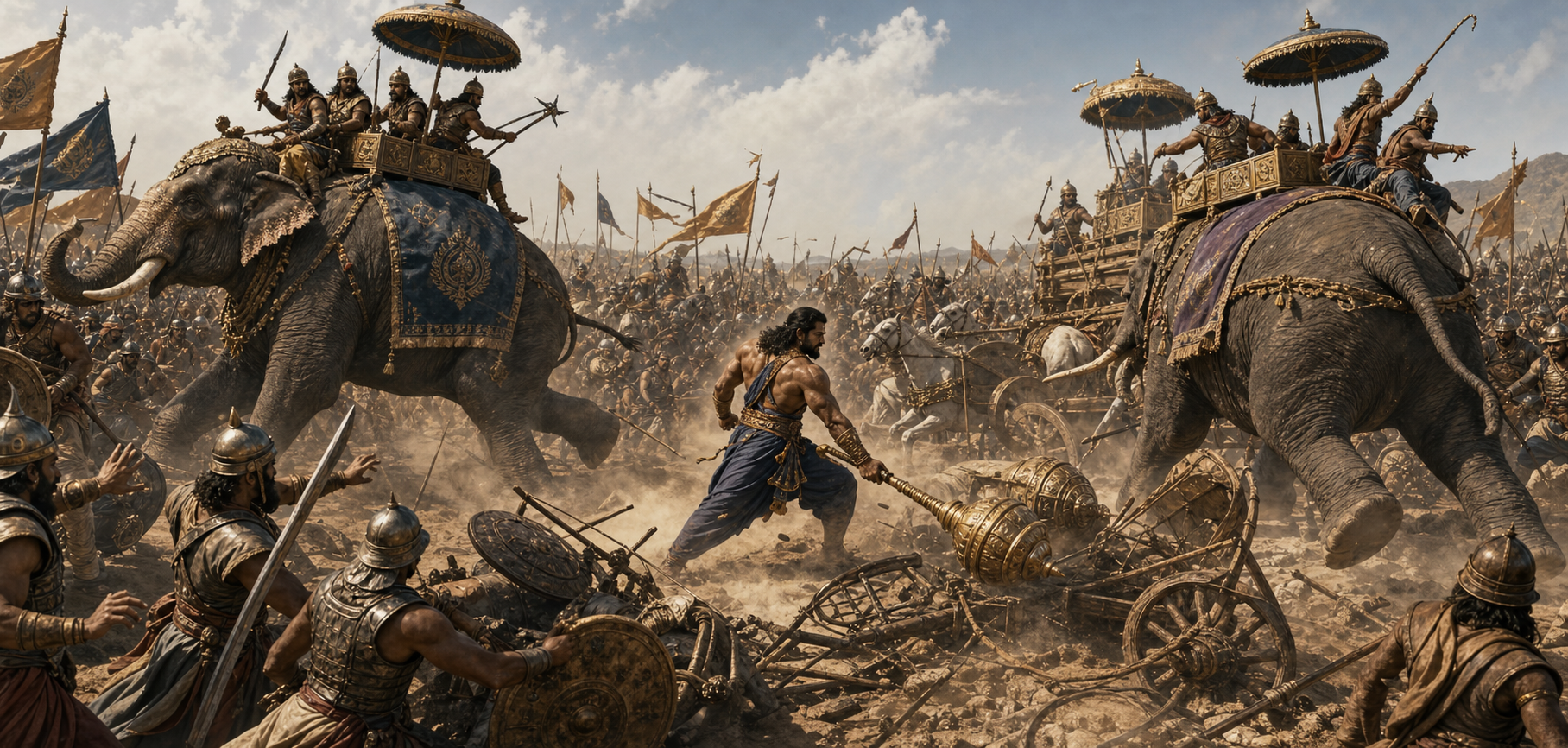 Bhima stands inside a gap in the elephant ranks as turning elephants, displaced infantry, and blocked chariots spread confusion through the formation.