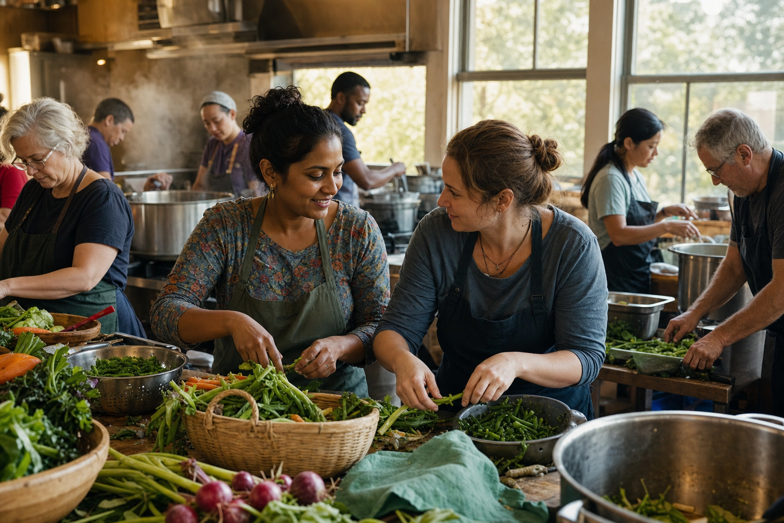 Volunteers prepare food in a community kitchen while one person helps a newcomer sort vegetables at a crowded worktable.