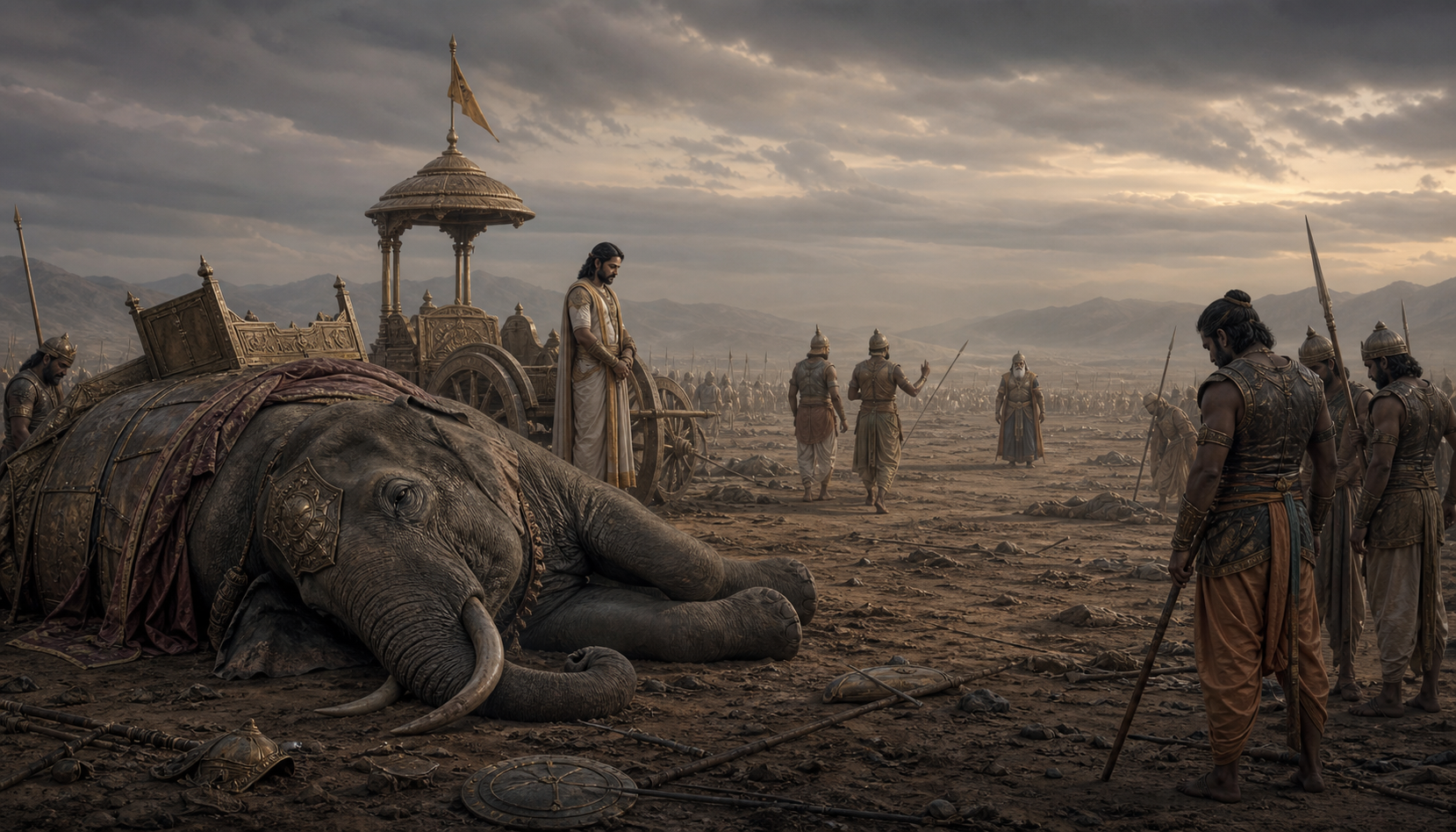 The elephant Ashvatthama lies motionless on the battlefield while a troubled Yudhishthira and distant warriors react to the deception involving its name.