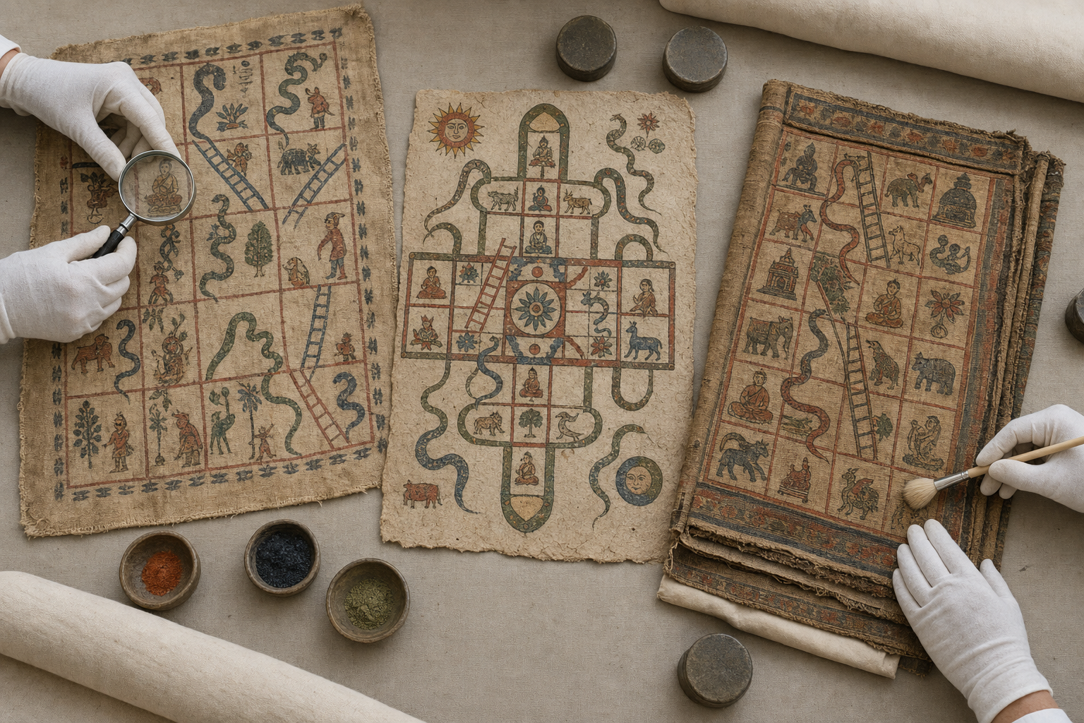Three varied historic-style Gyan Chaupar boards on cloth and paper are examined by gloved conservators at an archival table.