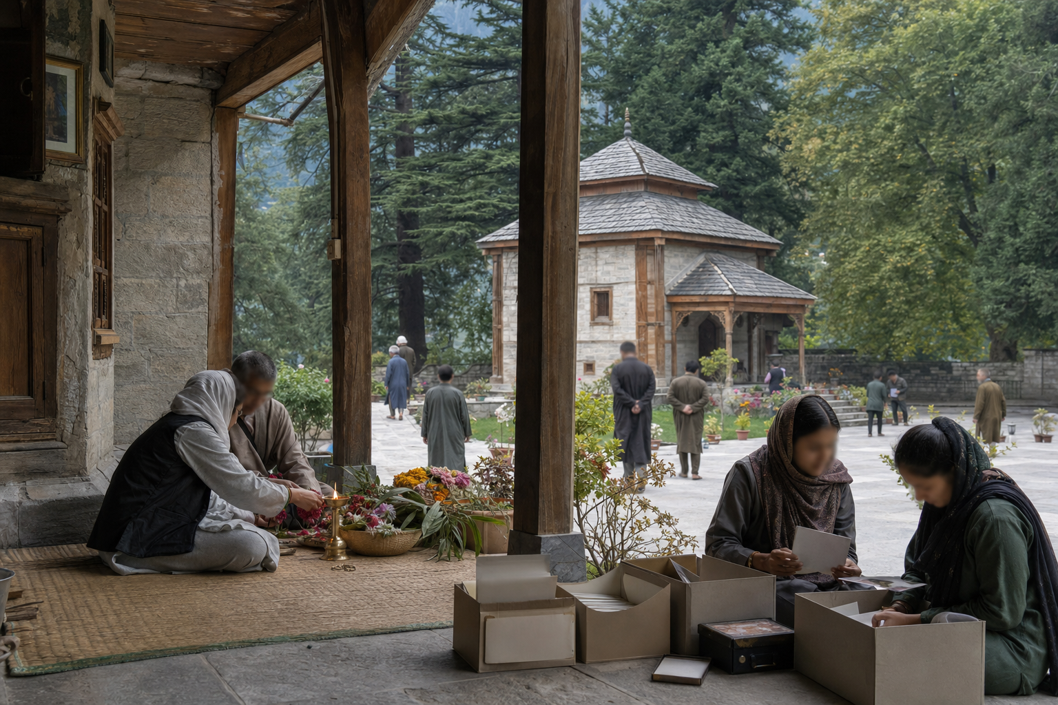 Caretakers and volunteers perform rituals and organize old photographs and records at a tree-lined Kashmiri spiritual retreat.