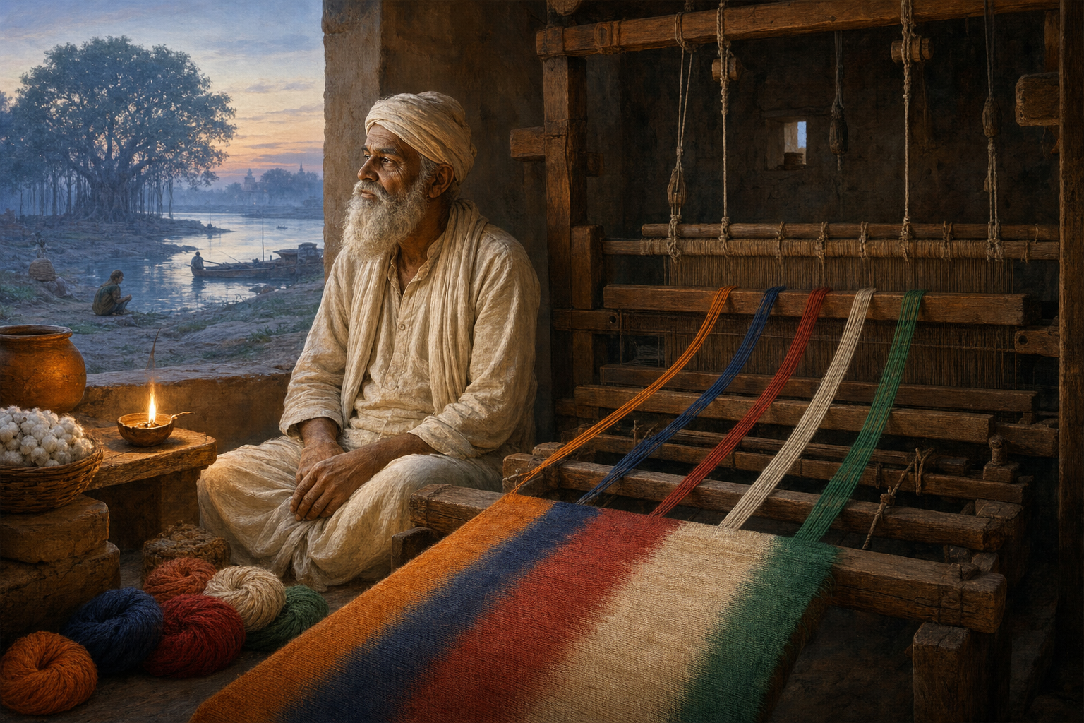 An elderly Indian weaver sits silently beside a handloom where differently colored threads form a single cloth in a dawn-lit workshop.
