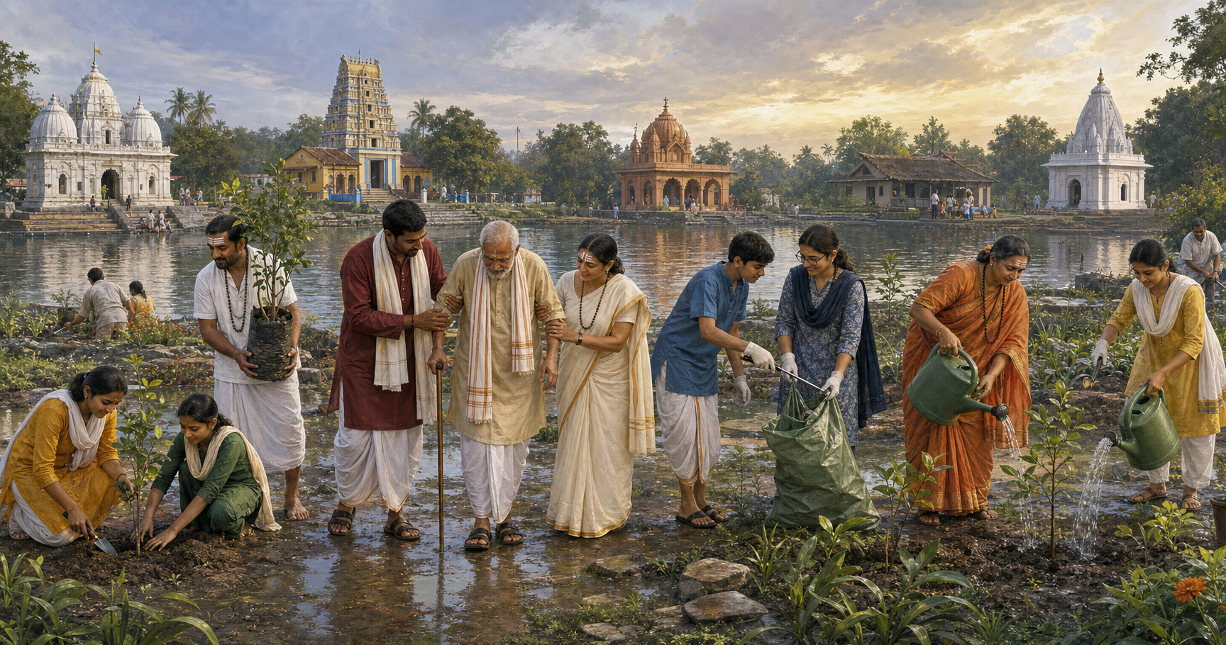 Hindu community members with varied devotional markers work together to plant trees, collect litter, and assist an older volunteer beside a river.