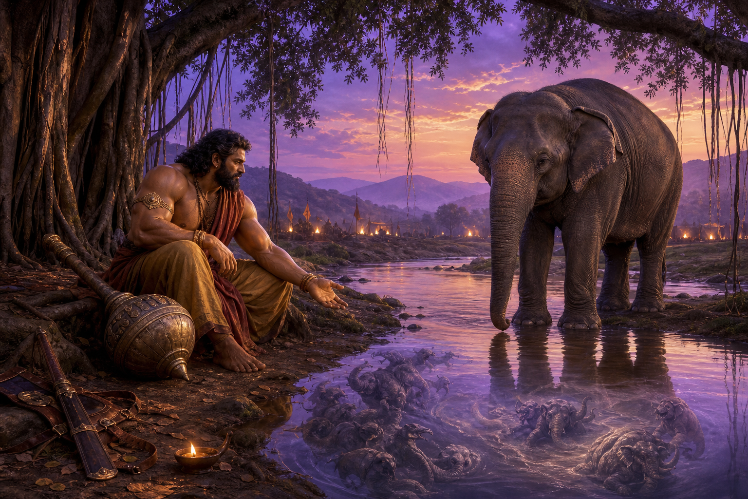 Bhima rests beside his mace and a calm elephant by a river, with symbols of restraint, compassion, discernment, and responsibility around them.