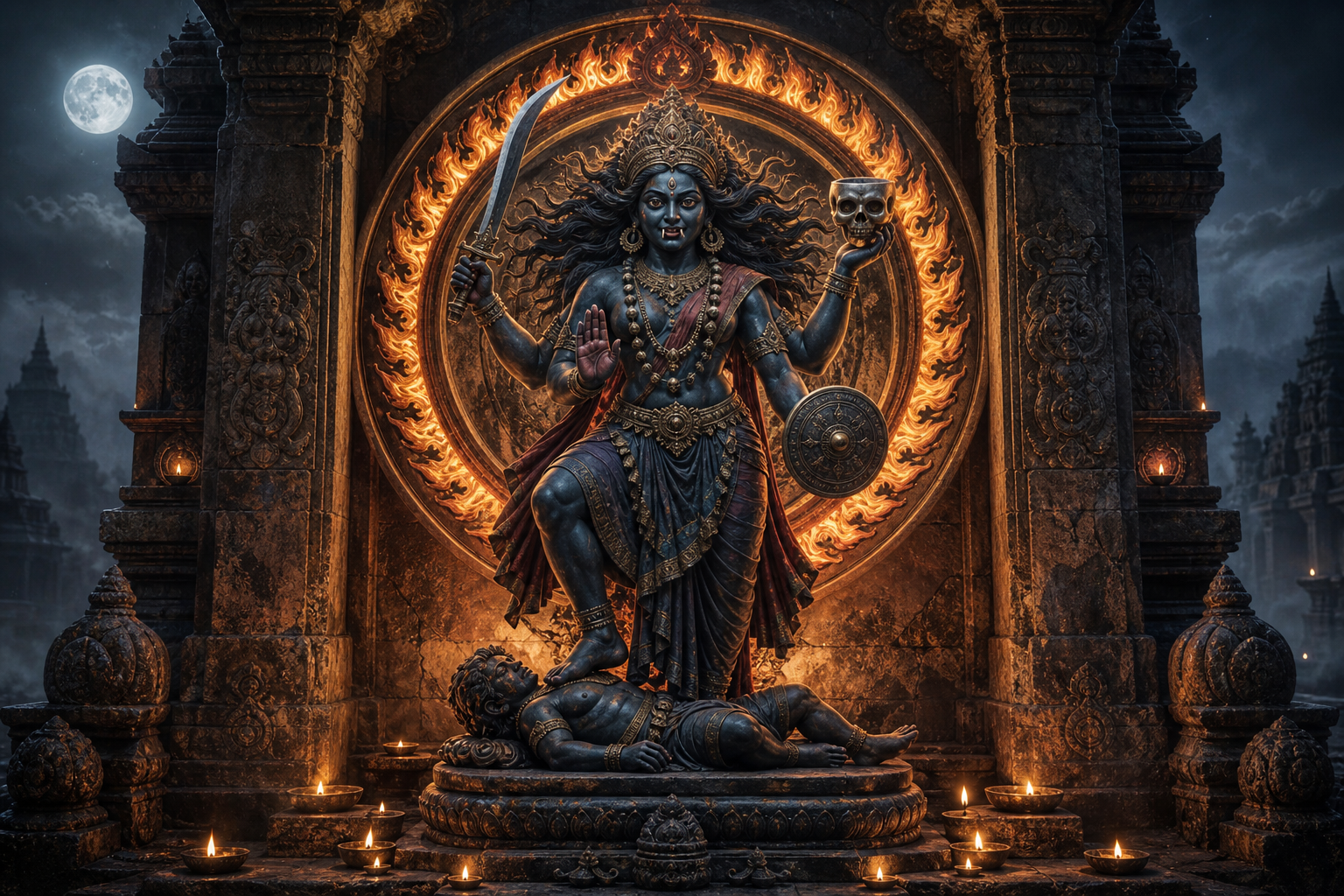 A dark, four-armed protective goddess with fangs stands inside a stone shrine holding a sword, skull-shaped bowl, and shield, surrounded by fire and oil lamps.
