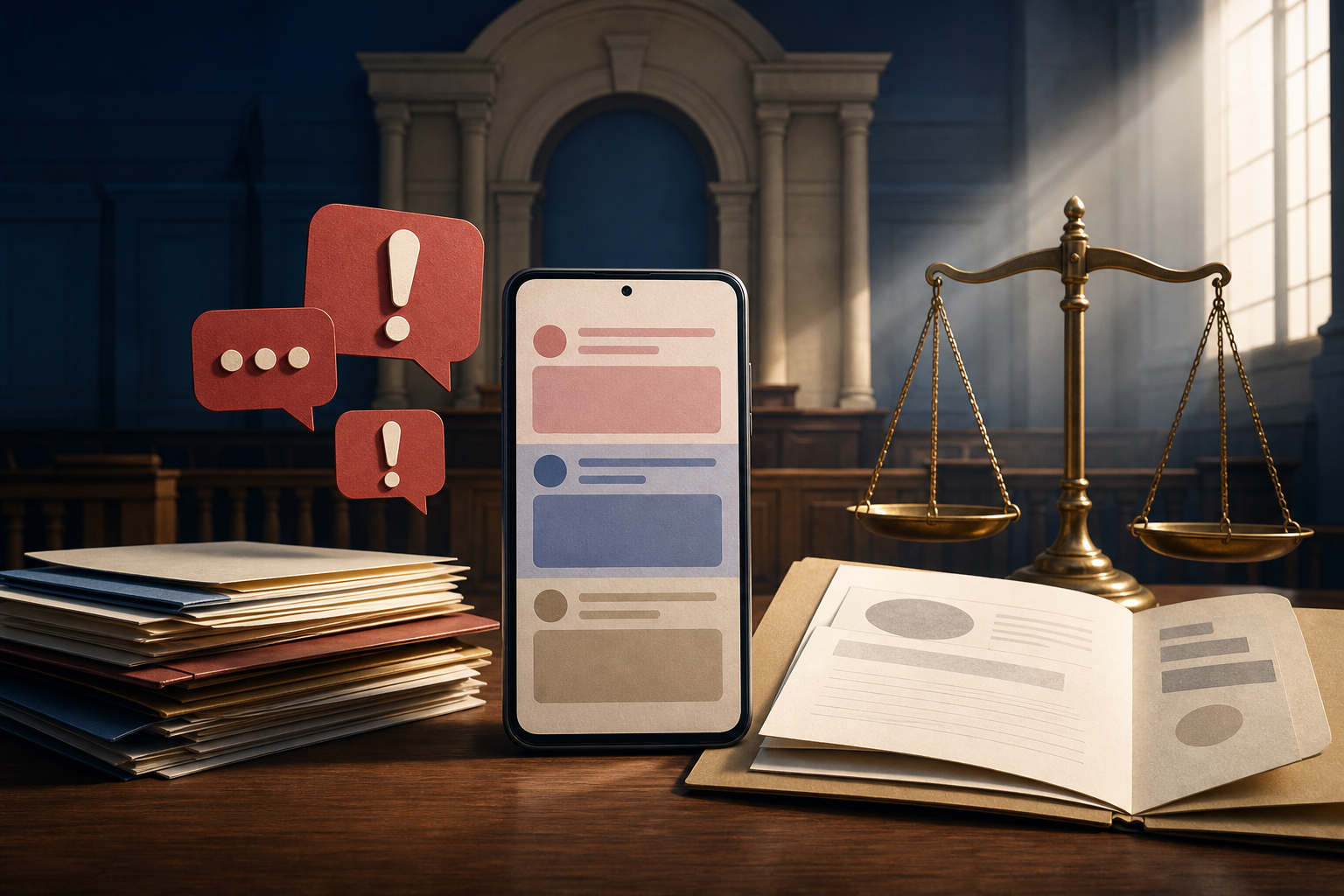 A generic smartphone with unreadable social media posts lies beside legal files and brass scales in an Indian courtroom setting.