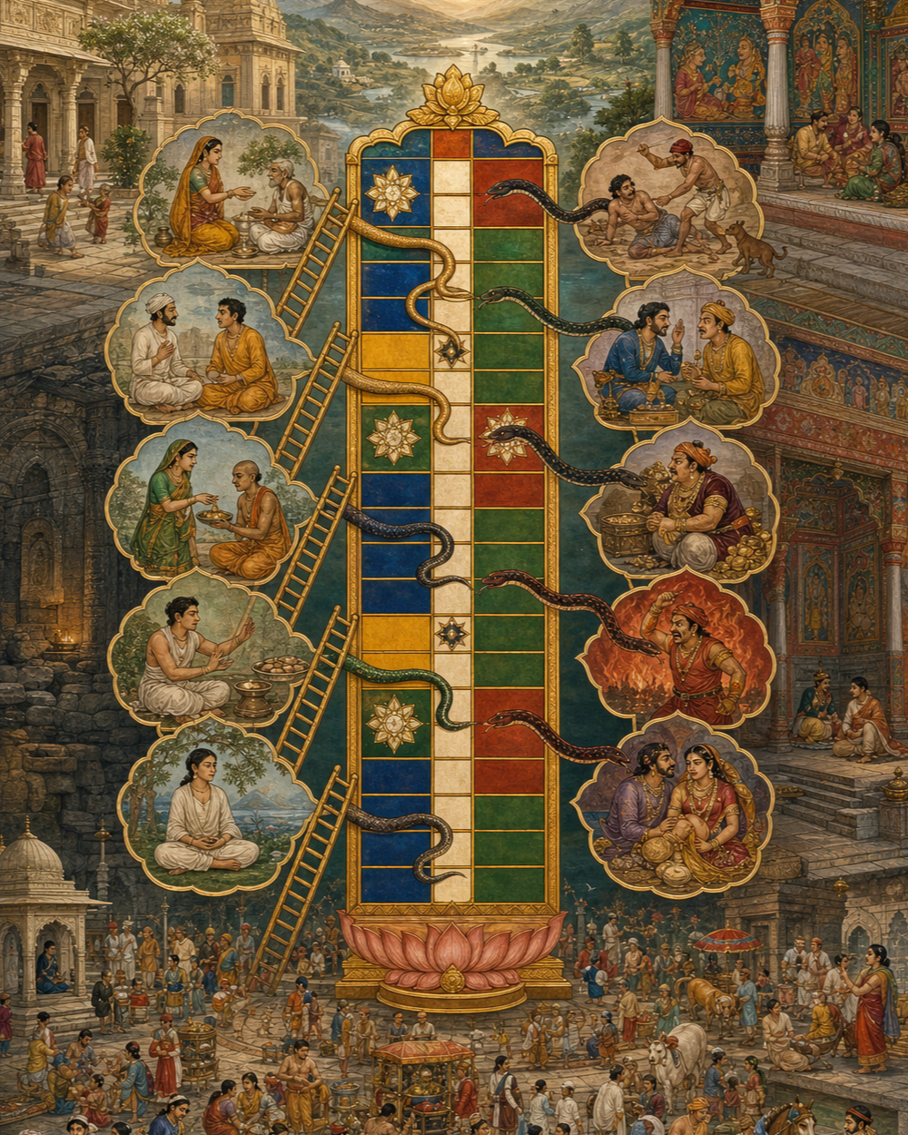 A symbolic Gyan Chaupar board links scenes of virtues to rising ladders and scenes of vices to descending snakes within varied sacred settings.