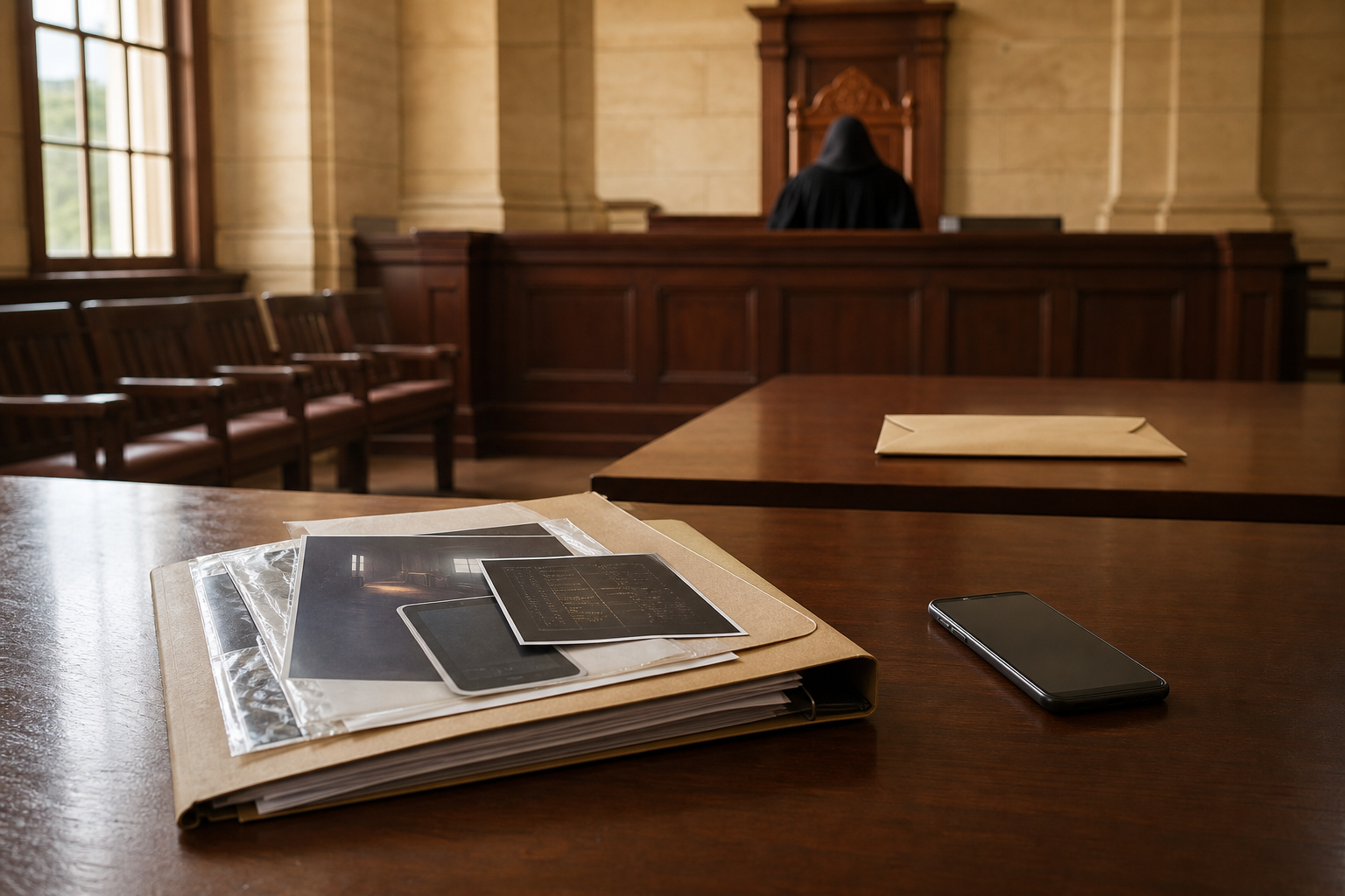 A distant courtroom bench overlooks a phone and evidence folder, while a sealed judgment envelope remains separate and unopened.