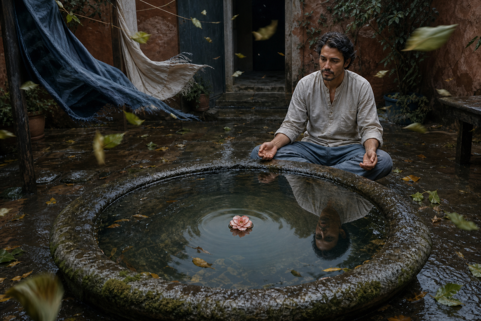 A calm seated person is reflected in still water while wind moves leaves and fabric around a rain-damp courtyard.