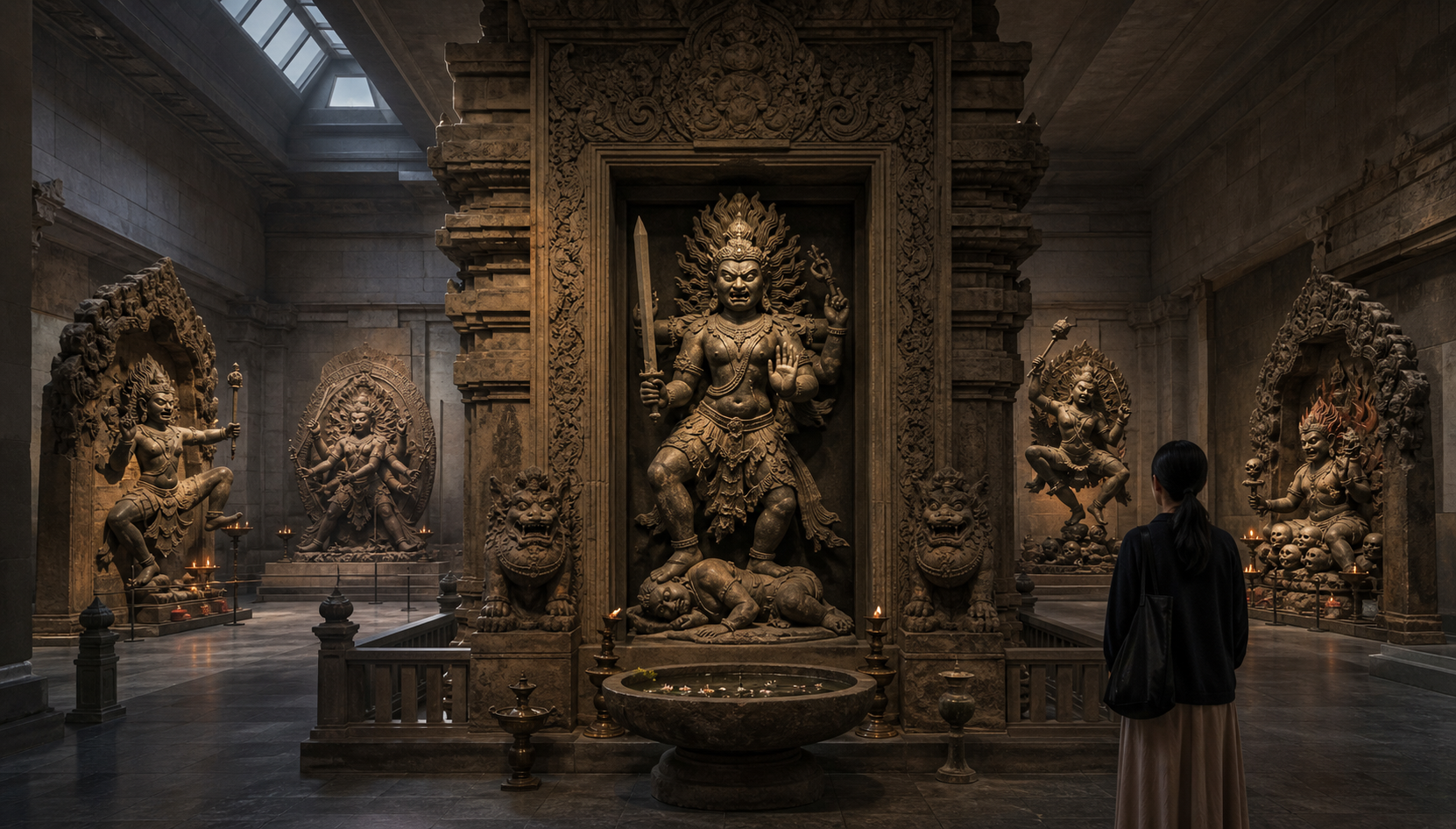 A visitor studies a fierce goddess sculpture in a temple gallery while similar-looking goddess figures appear in different settings behind it.