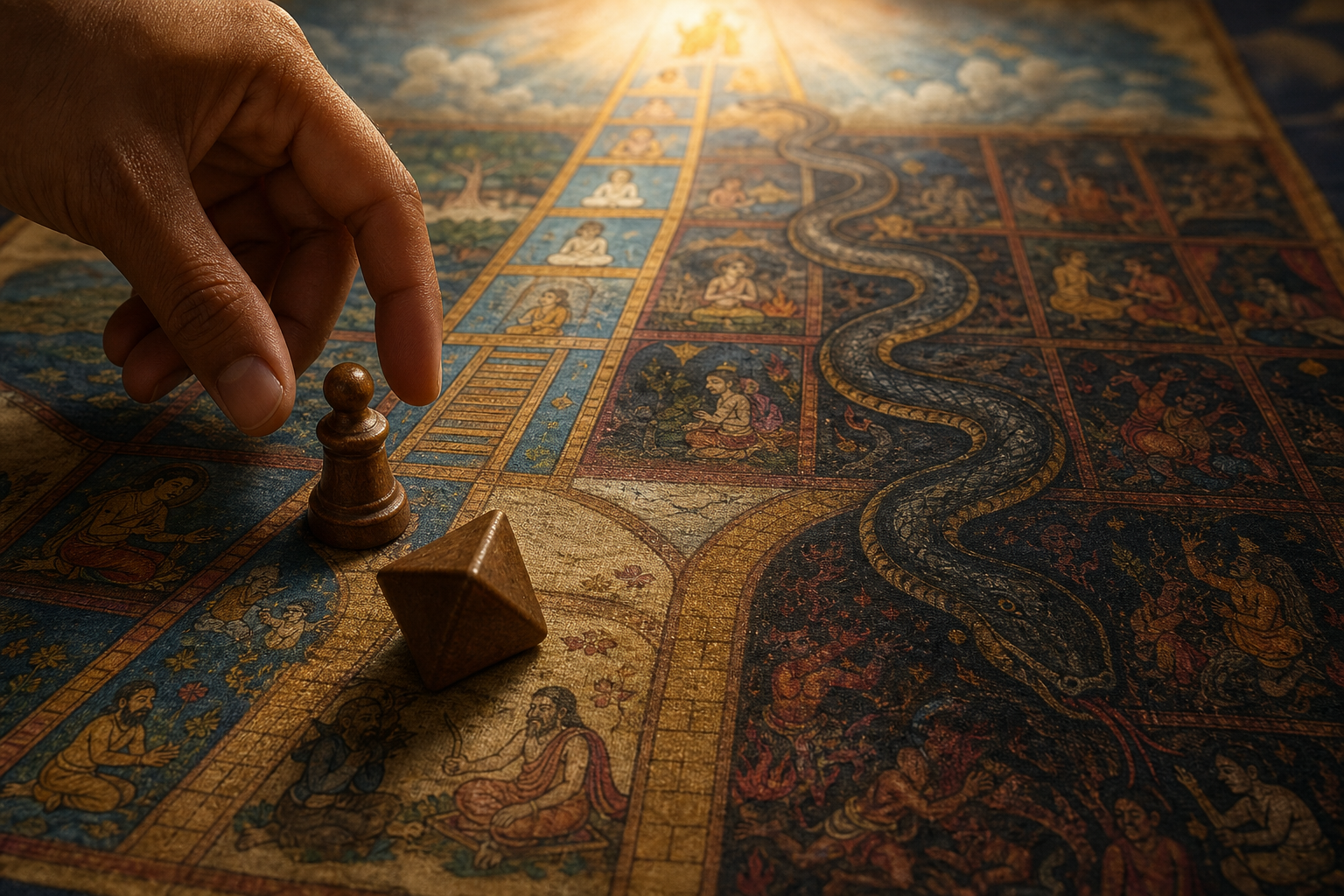 A hand pauses over a pawn and four-sided die as a ladder rises and a snake descends across a painted Gyan Chaupar board.