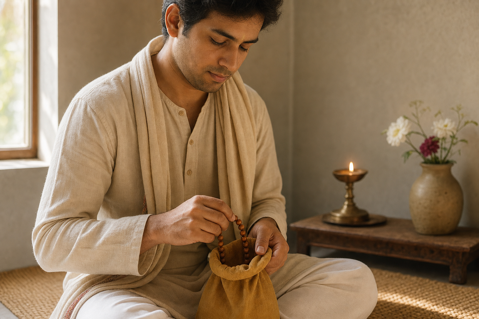 A seated practitioner chants quietly with wooden prayer beads in a sunlit home prayer space.