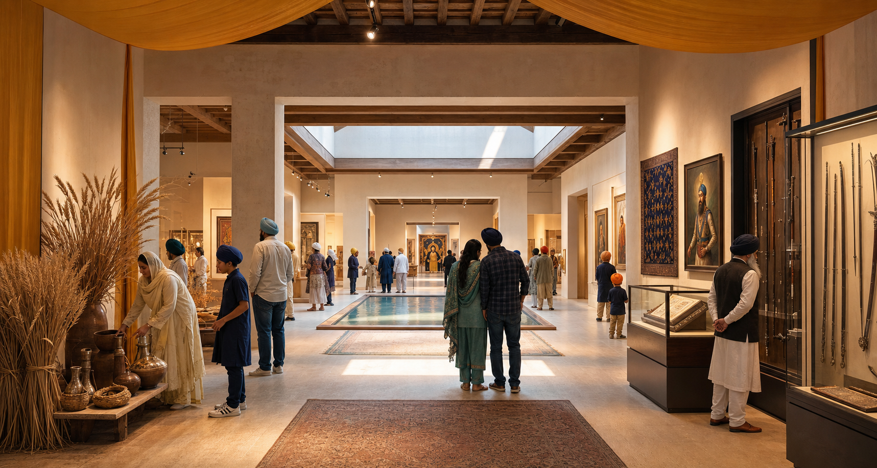 Visitors move through a warm gallery displaying harvest objects, textiles, paintings, a closed manuscript, and historic arms in protected cases.